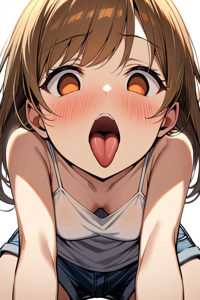Ochaco Uraraka, wearing pajamas, nice environment, super detailed, high quality, short hair, portrait, blush, open mouth, big mouth, tongue, tongue out, close up, saliva, uvula, uvula, room, mouth focus, excessive saliva, giantess, brown eyes, looking at viewer, long tongue, large tongue, no lips
