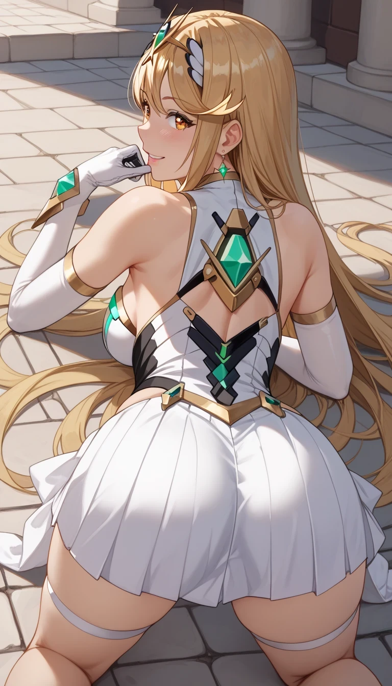 score_9, score_8_up, score_7_up, source_anime、top quality、8k、 masterpiece、ultra high definition、 natural light、perfect anatomy、 perfect eye、beautiful eyes、One Woman、Medium breasts、(saggy breasts)、mythra, yellow eyes, swept bangs, very long hair, blonde hair, headpiece, tiara, earrings, chest jewel, cleavage cutout, jewelry, short dress, white dress, clothing cutout, white gloves, elbow gloves, thigh strap, gem, white footwear、pantyhose、((embarrassing:1.5、 happy))、 Western Townscape 、 cobblestone road、on all fours、Lie down、(((back view)))