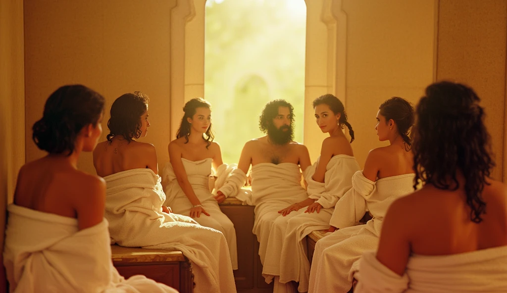 ??????? class. Strong hairy and bearded Iranian man lying in white underwear on a large table in a classroom, students around the table watching, in the classroom, teacher standing in panties and bra explaining and gesturing.