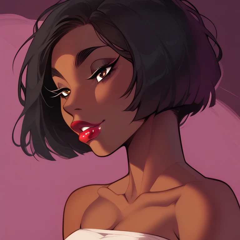 1 girl, (dark skinned:1.4), high quality, highly detailed, upper body, head, face, portrait, shoulders, naked, (photography, highly detailed:1.2), ahegao, bedroom background