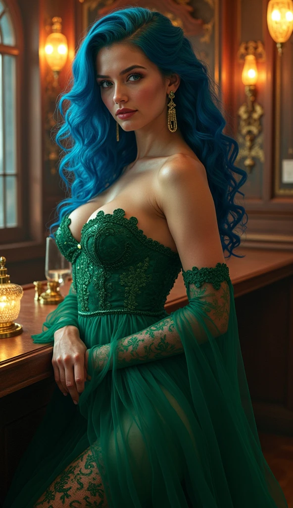 Generate a (hyperdetailed, realistic, Full Body), photo of Nia, (((turquoise color eyes))), (((long, silky, straight, Ombre blend of shimmering silver and celestial blue hair))), (((Position Nia with her long, silky hair styled in Hair parted down the middle with sleek, straight strands falling evenly on both sides hairstyle, strands framing her face delicately))), (fair skin:1.4), (((Massive round natural breasts with deep cleavage))), (Massive round natural Breasts:1.8), (Greek and Russian mix ethnicity), (hourglass figure, perfect body, NSFW, perfect anatomy, masterpiece, best quality).(((She is wearing a Sexy DARK BLACK lace mesh bodysuit lingerie, the soft fabric complementing her curves.))) Nia stands with her back arched and hands running through her hair, creating an elongated and elegant pose. An alluring, intense look with her eyes closed and lips slightly parted, conveying a sense of bliss. The lighting should highlight the arch of her back and the lace details of the bodysuit, casting dramatic shadows on the wall. She wears Pearl earrings and a gold necklace with delicate round gold locket. She is wearing a Sexy DARK BLACK lace mesh bodysuit lingerie. Soft, warm spotlight to create depth and shadows, accentuating Nia's figure and the texture of the brick wall. Softbox lights with diffusers for subtle, even illumination, reducing harsh shadows. She is wearing a Sexy DARK BLACK lace mesh bodysuit lingerie. 8k, (Fit, Athletic, Tall), (Massive Breasts), (Highly detailed facial and skin texture), (Best quality, ultra detailed, Golden ratio, Masterpiece:1.2), (Theatrical lighting:0.7, Perfect rare face), (Highly detailed skin), skin texture, Pale skin, shiny skin, (thin, large size:1.2), [:(Sharp focus on rare face, perfect eyes:1.2):0.2], hyperdetailed photography, UHD, realistic skin texture, shot with Canon EOS 5D Mark IV and Canon EF 50mm f/1.4 USM lens, highly detailed.
