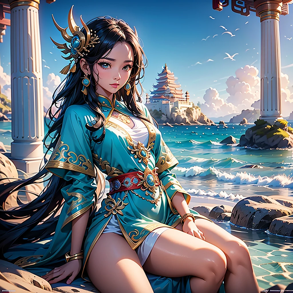 masterpiece, best quality, 1girl, aqua eyes, black hair, closed mouth, multicolored background, looking at viewer, outdoors, solo, upper body, alluring, clean, beautiful face, pure face, pale skin, sexy pose,((tube top, off shoulder, navel, shorts)), long hair, ((perfect female figure)), mature female, milf, narrow waist, chinese deity, seductive, highly detailed,best quality, masterpiece, highres, original, extremely detailed 8K wallpaper,masterpiece, best quality, illustration, beautifully detailed eyes, cinematic lighting,