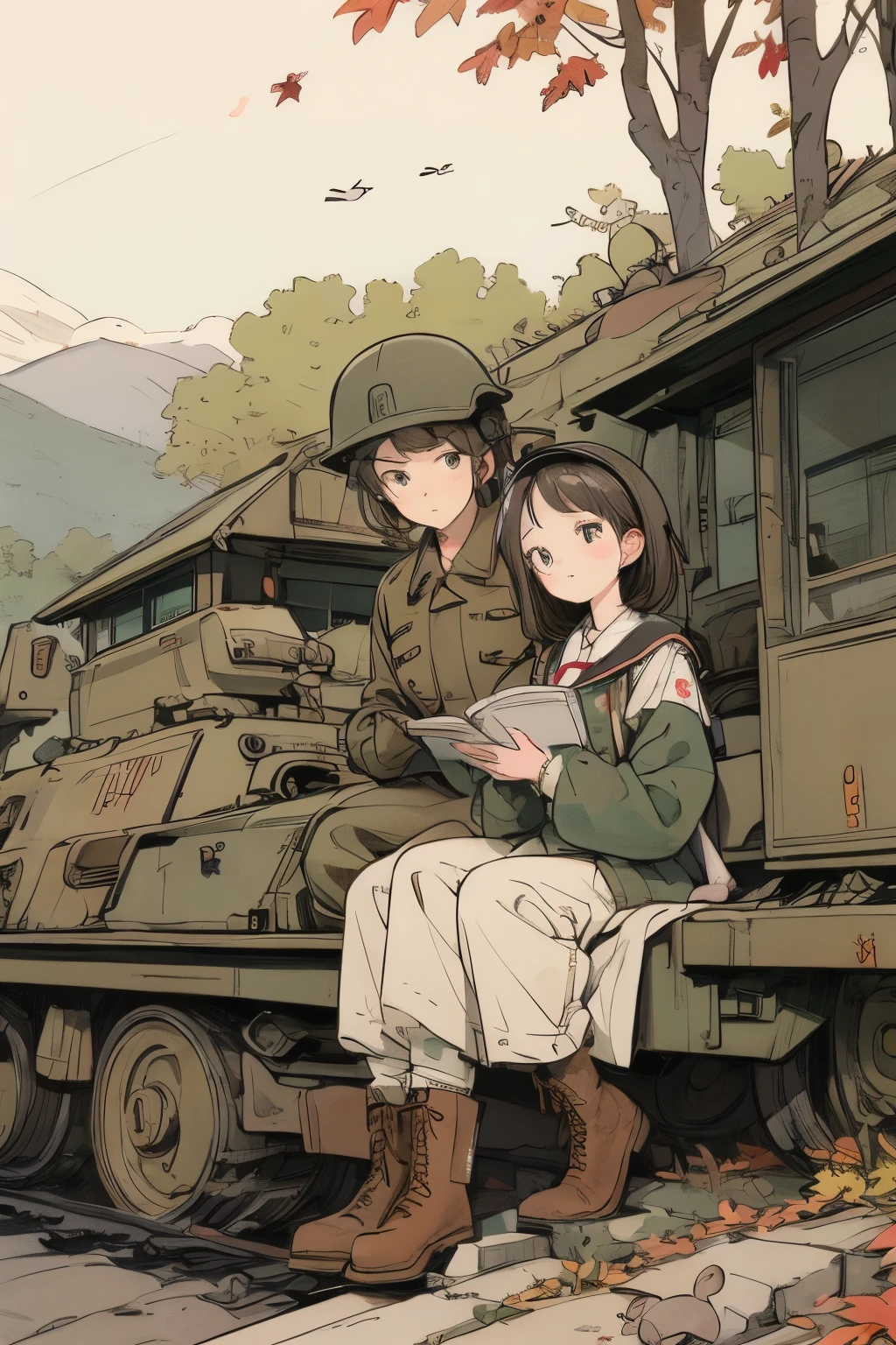 Pastel drawing、A soldier girl is leaning against the caterpillar track of a tank and reading a book.、Next to her, a white rabbit is reading a book with the girl, placing it on the ground.、The girl has short brown hair、Wearing an old German military helmet and uniform、Wear long pants and brown leather combat boots、The girl puts a rifle on her shoulder、Holding a book with both hands and reading、Gentle expression、Rabbits are cute and fluffy、A lot of military vehicles are lined up around the girl.、Surrounding trees,The color is reminiscent of autumn leaves.、masterpiece, best quality, high resolution, detailed, extremely fine design, masterpiece, best quality, high resolution, detailed design,