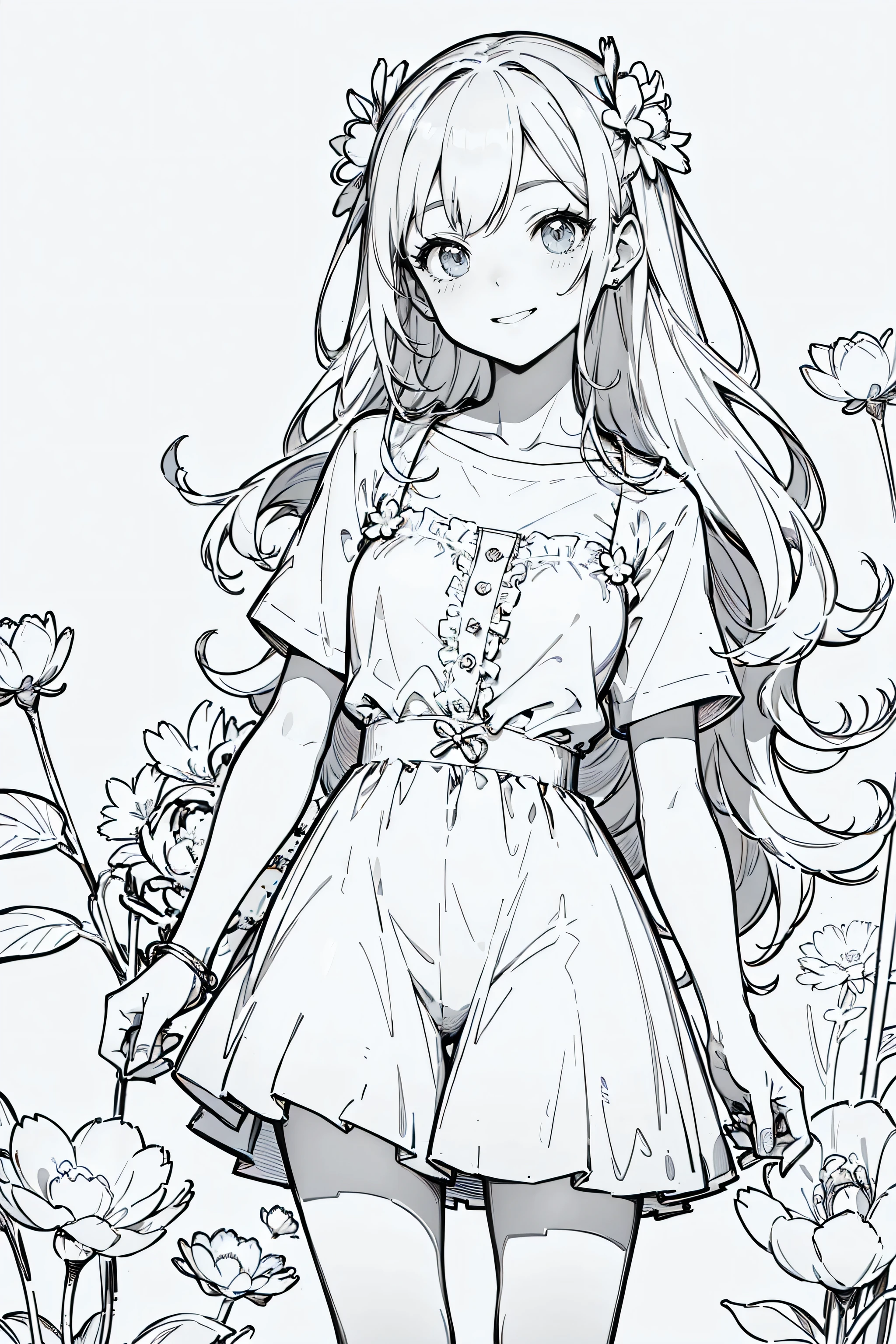 line art , Line Art、Black and White、Gray Hair、 White Outfit 、Simple lines、masterpiece, top quality,1. sketch, ((1. Line Art)), ( pencil drawing), Barbie Happy Girl with a bunch of flowers,bust up, alone, long hair,smile, fringe , shorts, shirt, Short sleeve, Casual Outfit, open your mouth, flower, flower, flower, Holding a bunch of flowers, flower, line art ,((sketch)), white background, Draw a line,flowerfield,,background with lots of flowers, high definition, Retina opens her mouth a little,