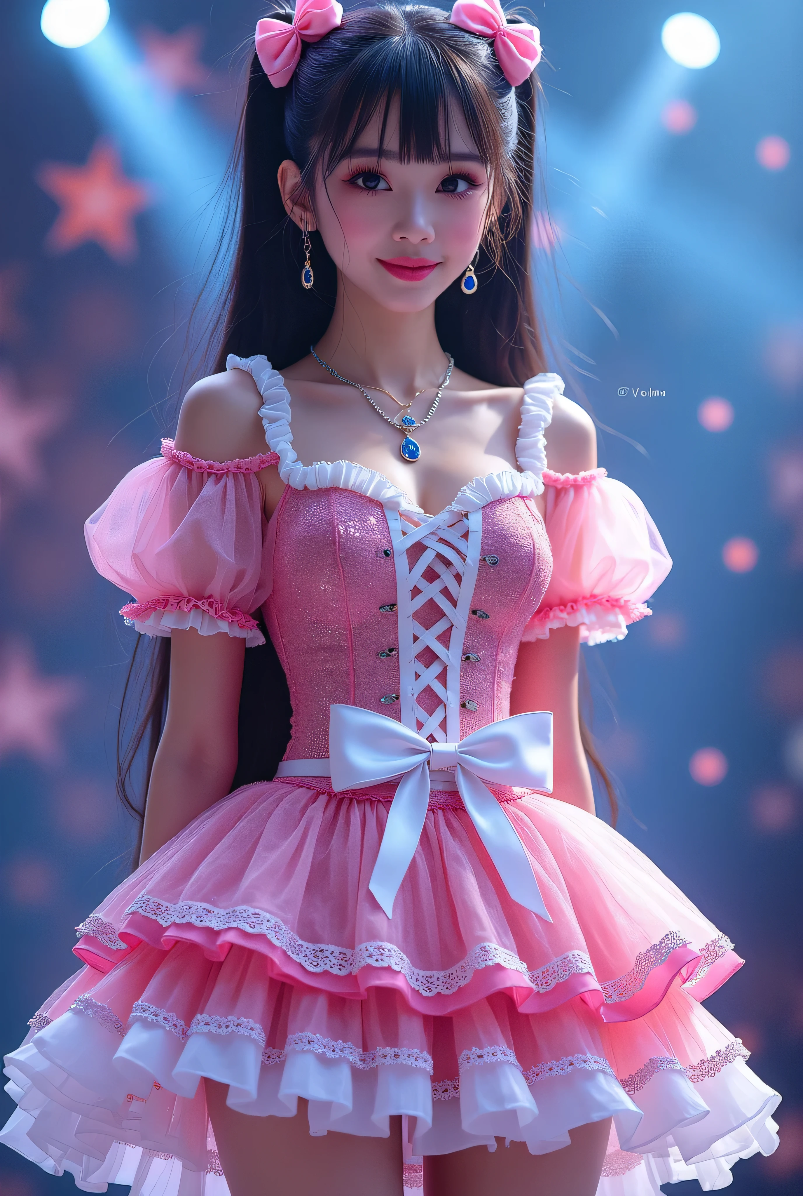 Create a highly detailed, realistic image of a young woman with long, dark hair styled with two small pink bows on either side. She is wearing a vibrant and transparent shinning glossy pink short dress that has a layered, frilly design with white ruffled edges on the sleeves and neckline. The dress has intricate lace-up details on the front, with white ribbons crisscrossing over the bodice. A large, white bow is tied around her waist, and the skirt is layered with multiple ruffles, alternating between white and pink frills. The upper part of the dress has a mix of white and blue accents, especially around the shoulders, giving it a lively, idol-like appearance. The girl’s expression is cheerful and playful, with a radiant smile, captured both in performance and posing with a slightly pensive look. Ensure that her outfit appears shiny and glossy, reflecting stage lights, and incorporate a vivid, performance-like atmosphere in the background. Some Lights shooting around, she hold microphone, head thighs portrait, show sexy leg, 1girl