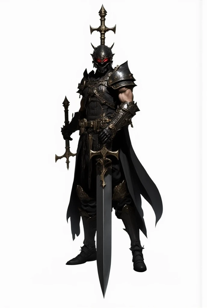(masterpiece; best quality: 1.2), ((1 man)), ((solo)), (black eyes: 1.4), (body; toned, lean, masculine: 1.3), (beautiful and clear background: 1.2), ((depth of field)), (equipment: templar + surcoat with cross + chainmail shirt + closed helmet + leather gloves + greaves + black cloak : 1.3), (anime illustration: 1.2), (background composition; garden + plants: 1.1), (extremely fine and handsome: 1.1), (shot composition; standing + centered on torso + close-up: 1.5)