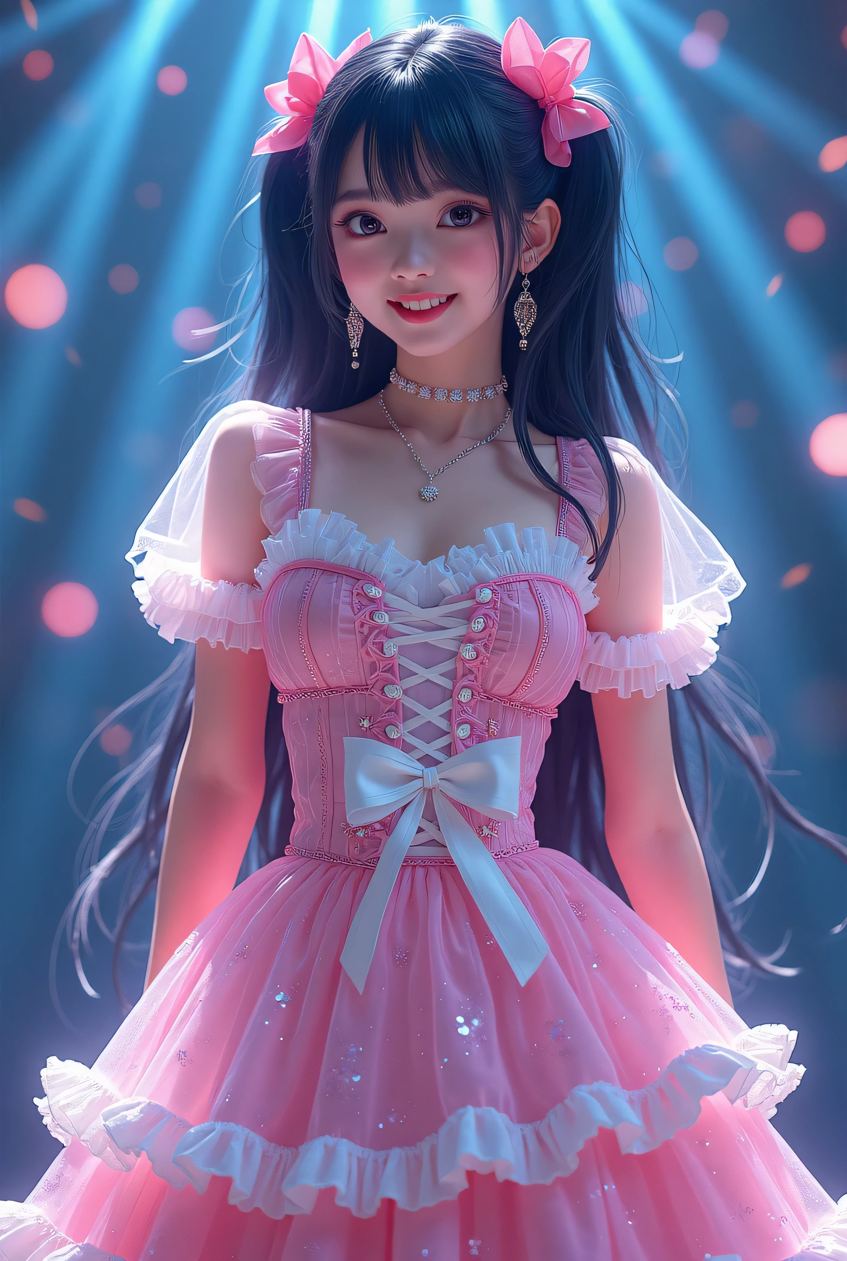 Create a highly detailed, realistic image of a young woman with long, dark hair styled with two small pink bows on either side. She is wearing a vibrant and transparent shinning glossy pink short dress that has a layered, frilly design with white ruffled edges on the sleeves and neckline. The dress has intricate lace-up details on the front, with white ribbons crisscrossing over the bodice. A large, white bow is tied around her waist, and the skirt is layered with multiple ruffles, alternating between white and pink frills. The upper part of the dress has a mix of white and blue accents, especially around the shoulders, giving it a lively, idol-like appearance. The girl’s expression is cheerful and playful, with a radiant smile, captured both in performance and posing with a slightly pensive look. Ensure that her outfit appears shiny and glossy, reflecting stage lights, and incorporate a vivid, performance-like atmosphere in the background. Some Lights shooting around, she hold microphone, head thighs portrait, show sexy leg, 1girl