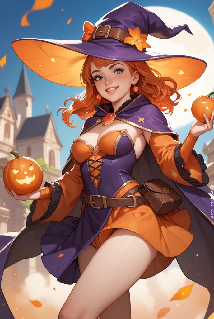 dark magician girl costume,gwen tennyson,tracer,bulma,rebecca chambers,solo girl,close up, moonlight,gold neck jewelry,body tattoos,pink mini skirt,short hair,blue witch hat,dark magician girl dress,holding a short staff,pumpkin village,pink magician girl cape,silver earrings,halloween forest,glowing pumpkin,green eyes,orange hair,shy smile,freckles,redhead,beautiful girl, large breasts,thigh high boots,ultra detailed,realistic,fantasy art,