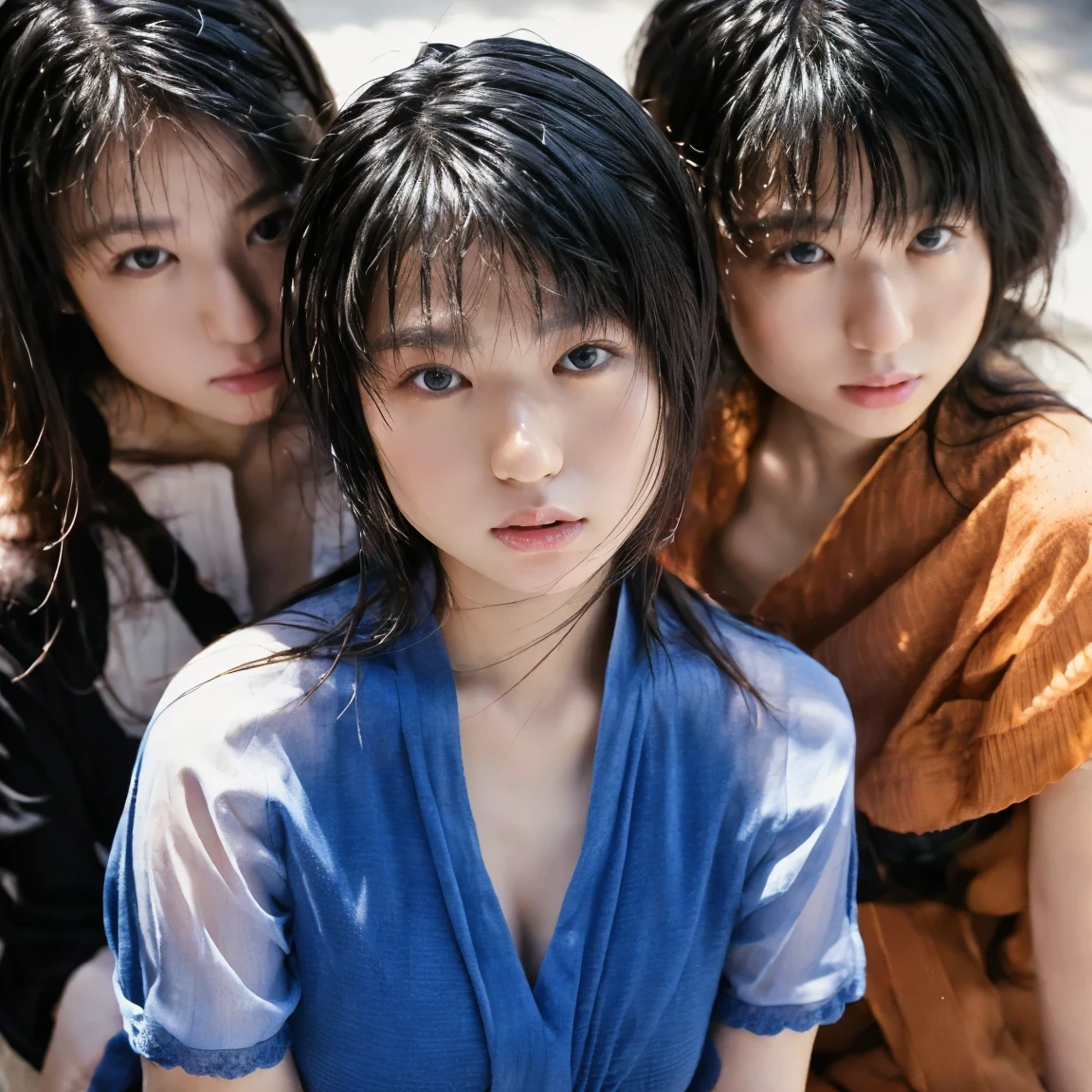 Three Women,simple background,seeing viewer,skeleton body,pov face,short hair,