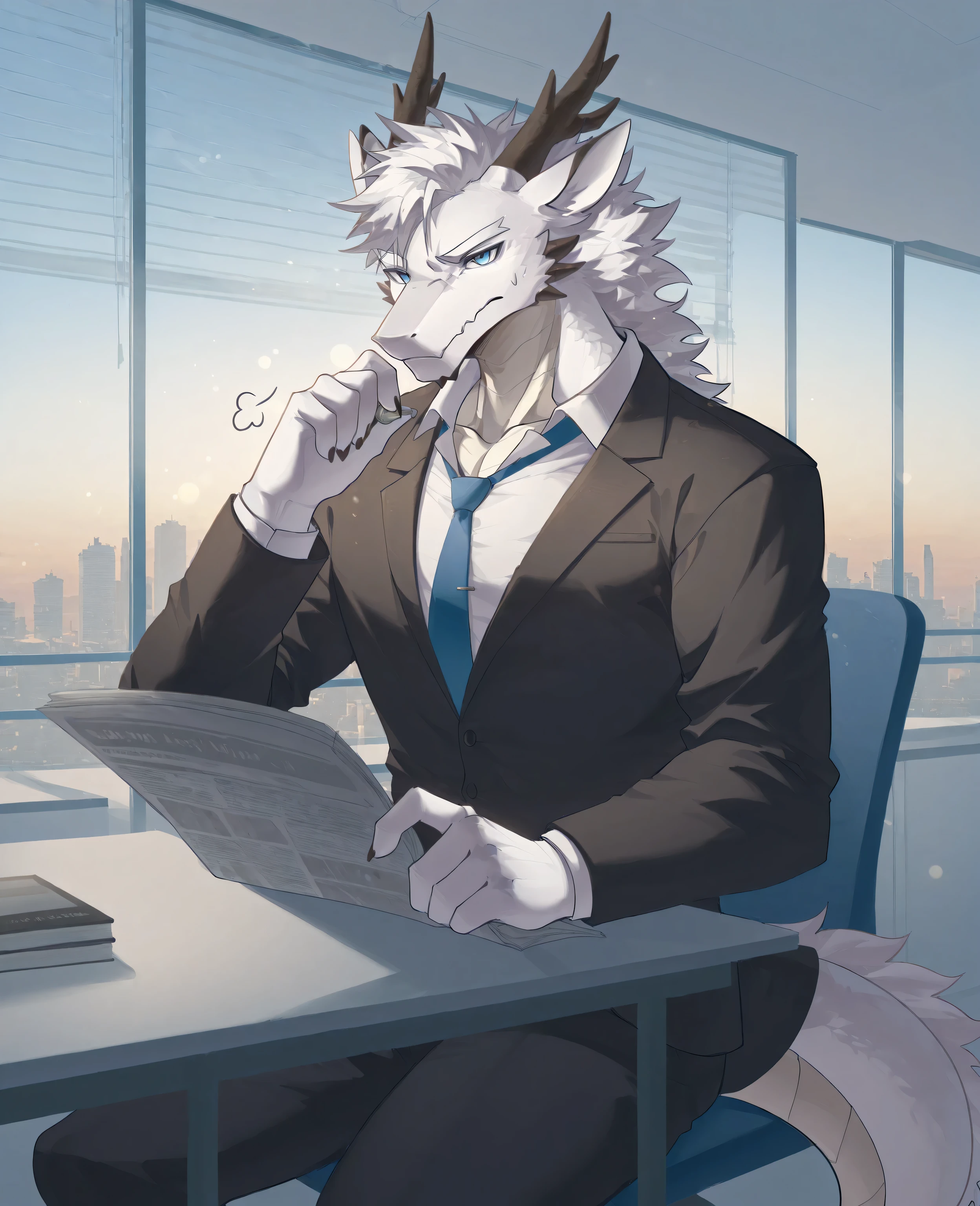 sfw,masterpiece,UHD,solo:1.2,highres,best quality,anatomically correct,furry male,male_focus,(eastern_dragon),collarbone,(white scales:1.1,),black dragon horn,antler:0.6,white hair,short hair,cocked eyebrow,snout,(detailed eyes,blue eyes,detailed pupils,beautiful eyes),snout,animal ears,dragon ears,absurdres,shapely,handsome,dragon tail,cowboy_shot,(slender muscle:0.5),(suit,black coat,open white shirt,necktie,black pants),(5 fingers:1.1),(skinny:0.45),(serious face,thinking,annoyed,sigh),sitting behind office desk,reading newspaper,chin_rest,(in office,huge desk,books,window wall),ray tracing,shadow,looking_at_viewer,from_side:1.3,(soft light, shadow:1.2),bokeh,detailed background,Tyndall effect,(office background),((beautiful detailed background)),break,(wolftapioca:0.3,chung0u0,(by zwm:0.6),(lindong:0.8),(by null-ghost:0.8),huashijw,(asteroid_ill:0.8),(smile \(qd4nsvik\):0.9),konya karasue)),cg,highres,sfw
