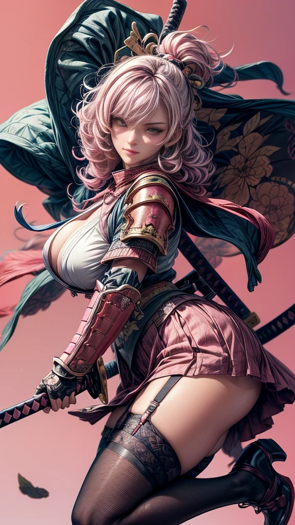 A beautiful anime-style girl, her image reflected in the large blade of a sword, woman, laughing, open mouth, bangs, animal ears, earrings, slightly parted lips, teeth, tongue, pink eyes, masterpiece, surrounded by flowers, breasts
