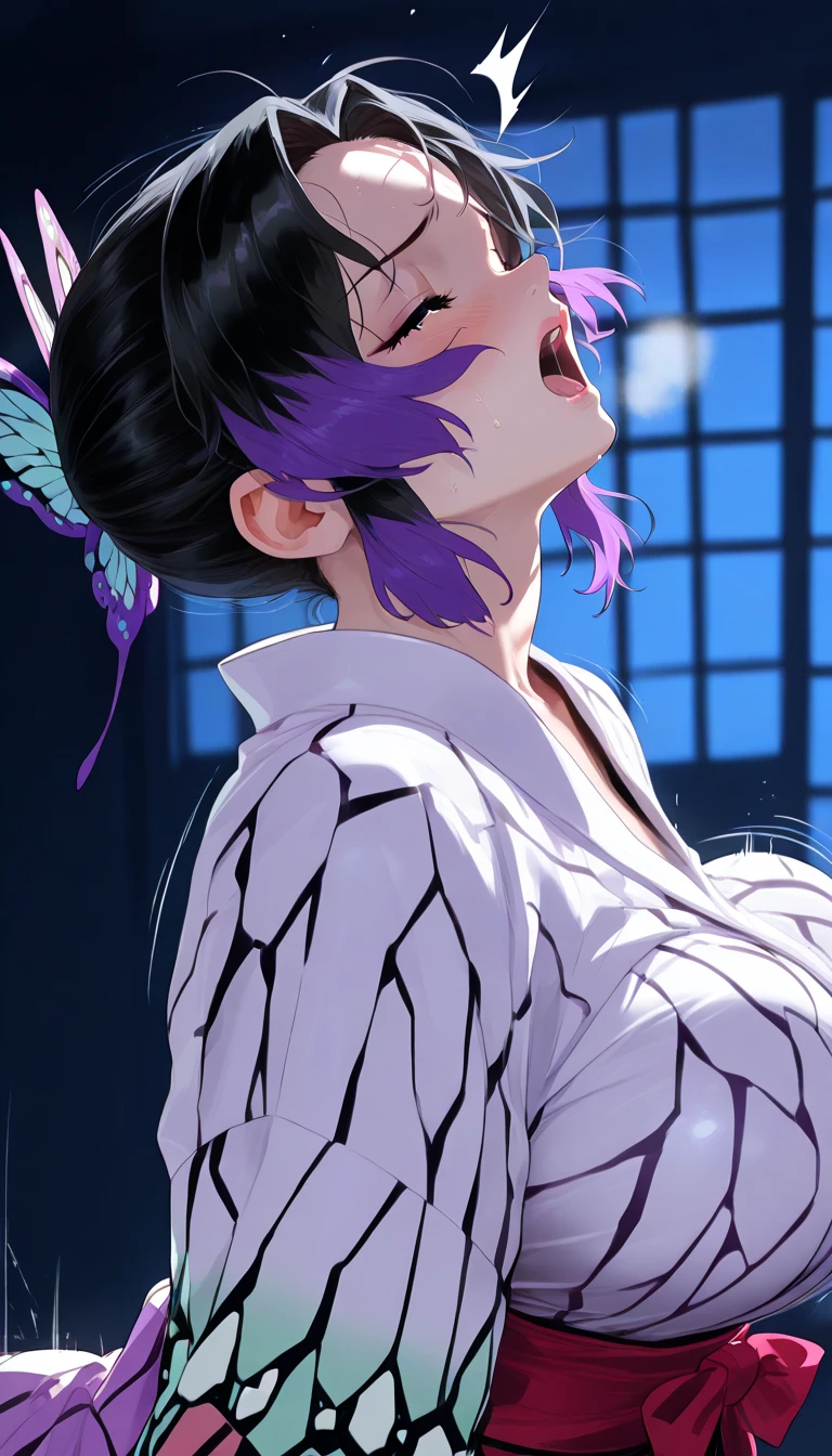 1girl, implied sex, head back, hands up, upper body, (motion lines:1.2),
BREAK woman  , shinobu  , short  hair, ear, black hair with purple tip,  duel tone hair, no hair on forehead, bare forehead, middle split hair, butterfly hair ornament , detailed cute purple eyes), curled eyelashes, (large breasts:0.8), voluptuous, curvy, chubby body, 
beautiful detailed eyes, beautiful face, 
  Kimono , bouncing breasts,
embarrassed, frown, (closed eyes:1.2), open mouth, heavy breathing,
bedroom, night, dark room, perfect lighting, moody lighting,
masterpiece, best quality, amazing quality, very aesthetic, absurdres, newest, (realistic:1.2), super detailed, extremely detailed, nsfw, explicit, side view 