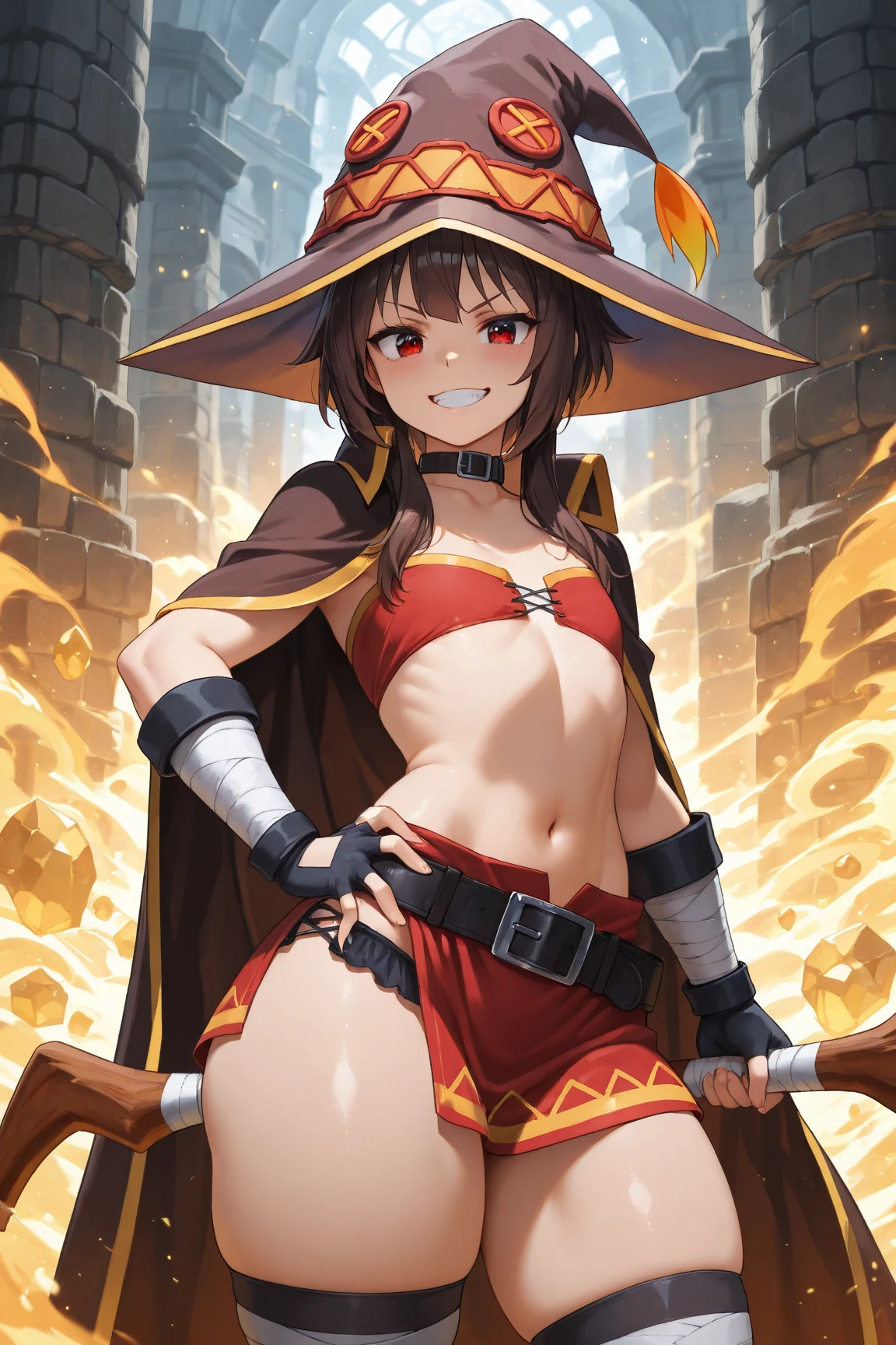 best quality, (masterpiece:1.3), absurdres, highres,16k, ultra high res, official art, illustration,extremely detailed, 1girl, solo, full body, 20yo,
delicate lines tailed face, (short hair:1.3), high ponytail, (hair scrunchie:1.3), (hairs between eyes:1.5), (beautiful red hair:1.2), (shiny hair:1.2), (beautiful baby pink eyes:1.2), (shiny eyes:1.2), (medium breasts), (gleaming skin:1.4),
(cowboy shot:1.5), (from front),
standing, ((Cast a spell)), serious, open mouth, ((fire magic))
( red witch robe (closed front):1.2), (red witch hat:1.2), (fire witch staff:1.2), (fantasy)