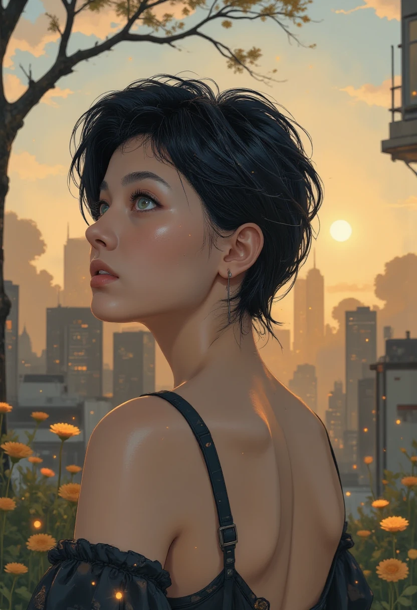 An incredibly sweet, attractive young girl effectively turns around and looks directly at the viewer, slightly tilting her head, large turquoise eyes filled with joy and excitement, extravagant eyelashes, which makes this image a masterpiece of photography and digital art, a barely noticeable  smile, shiny hair with bangs, light blue eyes, shiny lips, a kawaii smile, moist skin, delicate blush, well-defined collarbones and abs, perfect , thin lace mini dress with thin straps, composition of the golden section, against the background of urban architecture, golden hour,  majestic serene landscape with beautiful sky, natural lighting, dynamic random angle, high angle, subsurface scattering, atmospheric perspective, color perspective, tonal perspective, cinematic color rendering, detailed fabric texture,semi-realistic,multi-genre, highest quality, 8k resolution ,