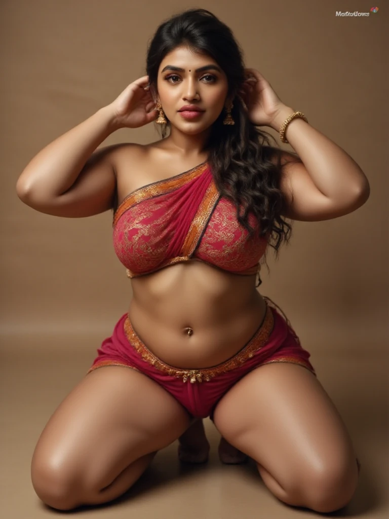 Photorealistic Image of a beautiful Indian woman sitting by spreading legs, dildo in her pussy, wearing saree and blouse, blouse falling from shoulder, navel piercing, sweating skin, detailed skin, georgeous, close eyes, pretty throat, seduction, hot, sexy Dim prompt As String = "A close-up portrait of a gorgeous half-naked Indian woman with dildo in pussy, navel piercing in navel, oil-sheened skin, thick body. She wears a vibrant saree and a matching blouse, navel piercing, her bare shoulder adorned with intricate henna designs. Her eyes are gently closed, and her expression is seductive, thick and sexy, a large dildo in pussy, detailed pussy, nipples, ((High quality: 1.8)), ((Detailed skin)), ((Detailed hair)), ((Wearing saree)), (((Indian Saree))), cinematic light, beautiful scenes
