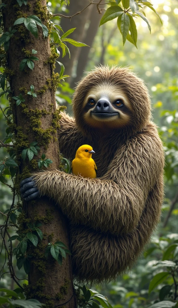 A hyper-realistic, extreme detail image of a slow-moving giant sloth hanging from a towering jungle tree. Its shaggy fur is tangled with vines and moss, blending into the thick foliage. A bright yellow canary has built a tiny nest in the sloth’s fur, chirping a gentle tune. Sunlight pierces through the jungle canopy, illuminating the vibrant greens and rich textures of the surrounding flora.