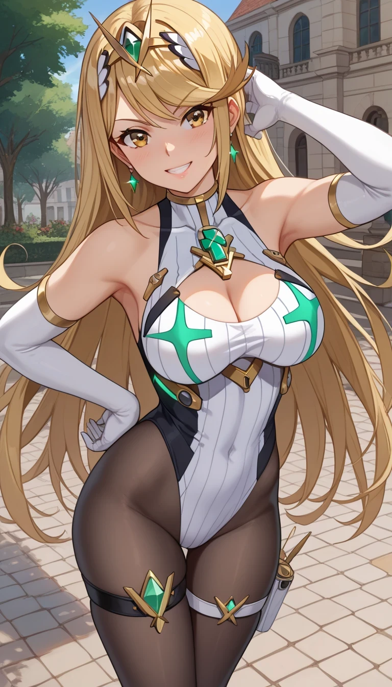 Beautiful anime blonde with green eyes and shoulder-length hair. She has curvy hips and . She's serious and cunning. Background blue. Nice clothes. depraved