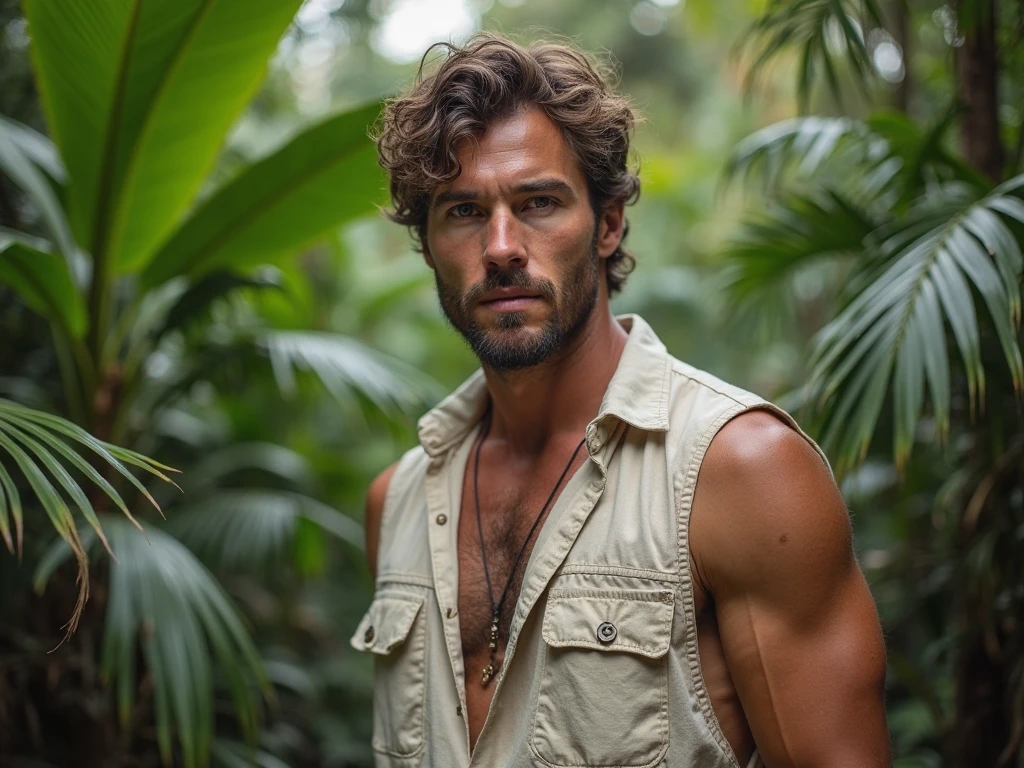 Handsome Man 36, lean muscular body, tan skin olive, his eyes are blue with gray and green flecks, 1.90m, his hair is dark brown with natural waves that flow down his shoulders, a little stubble unshaved, wearing swim trunks, at a beach