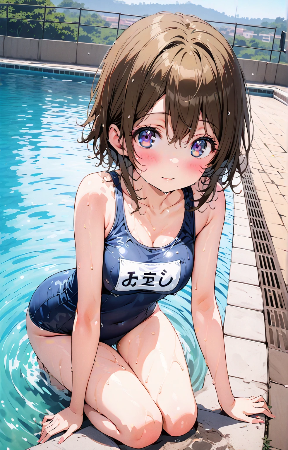 Very beautiful 17 year old girl, (cute:1.2), short hair, Beautiful Hair, Delicate face, Beautiful Skin, Tight waist, White competitive swimsuit, squat,Spread your legs,Pool, Highly detailed face and skin, double eyelid, smile