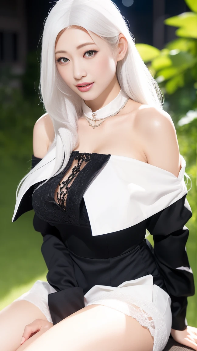 Yorha No. 2 Type B, 1girl in, wlop, (Blindfold), breasts, cleavage, cleavage cutout, Clothes Cutout, Green background, hair between eye, shairband, hight resolution, juliet sleeves, Long sleeves, Nier (Series), Nier Automata, Puffy sleeves, Red lips, Shaded face, Short hair, Solo, turtle neck, Upper body, White hair, skyporn