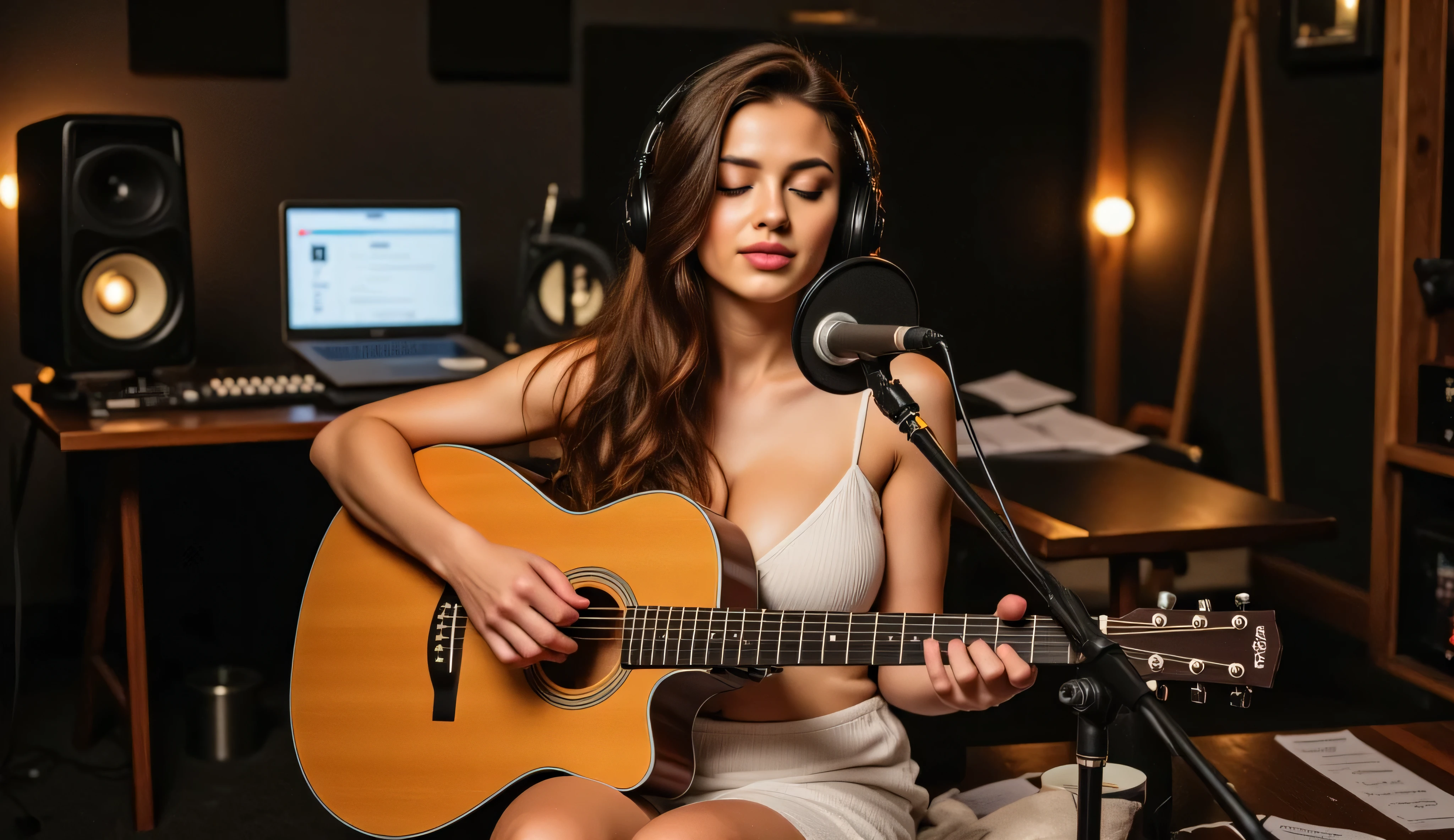 A young woman with long, wavy brown hair and fair skin, She wears a delicate spaghetti strap white dress, sitting in a professional recording studio, playing an acoustic guitar and singing with deep emotion. She wears high-quality studio headphones, her fingers skillfully strumming the guitar as she sings into a premium condenser microphone. The studio is dimly lit with warm, cinematic lighting, highlighting the soundproof panels and modern recording equipment around her. Her eyes are slightly closed, fully immersed in the music. A few scattered lyric sheets and a cup of coffee rest on a nearby table, adding to the creative atmosphere. The background is softly blurred, focusing attention on the artist and her guitar. Created using cinematic lighting, high-definition details, soft shadows, and a professional studio aesthetic. --ar 16:9
