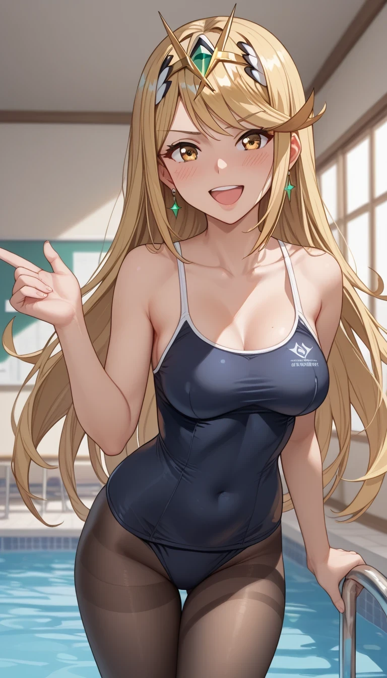 score_9, score_8_up, score_7_up, source_anime、top quality、8k、 masterpiece、ultra high definition、 natural light、perfect anatomy、 perfect eye、beautiful eyes、One Woman、Medium breasts、(saggy breasts)、mythra, yellow eyes, swept bangs, very long hair, blonde hair, headpiece, tiara, earrings, ((school swimsuit))、black pantyhose、((embarrassing:1.5、 happy))、 pool、 stand and pose、and stick your hands forward