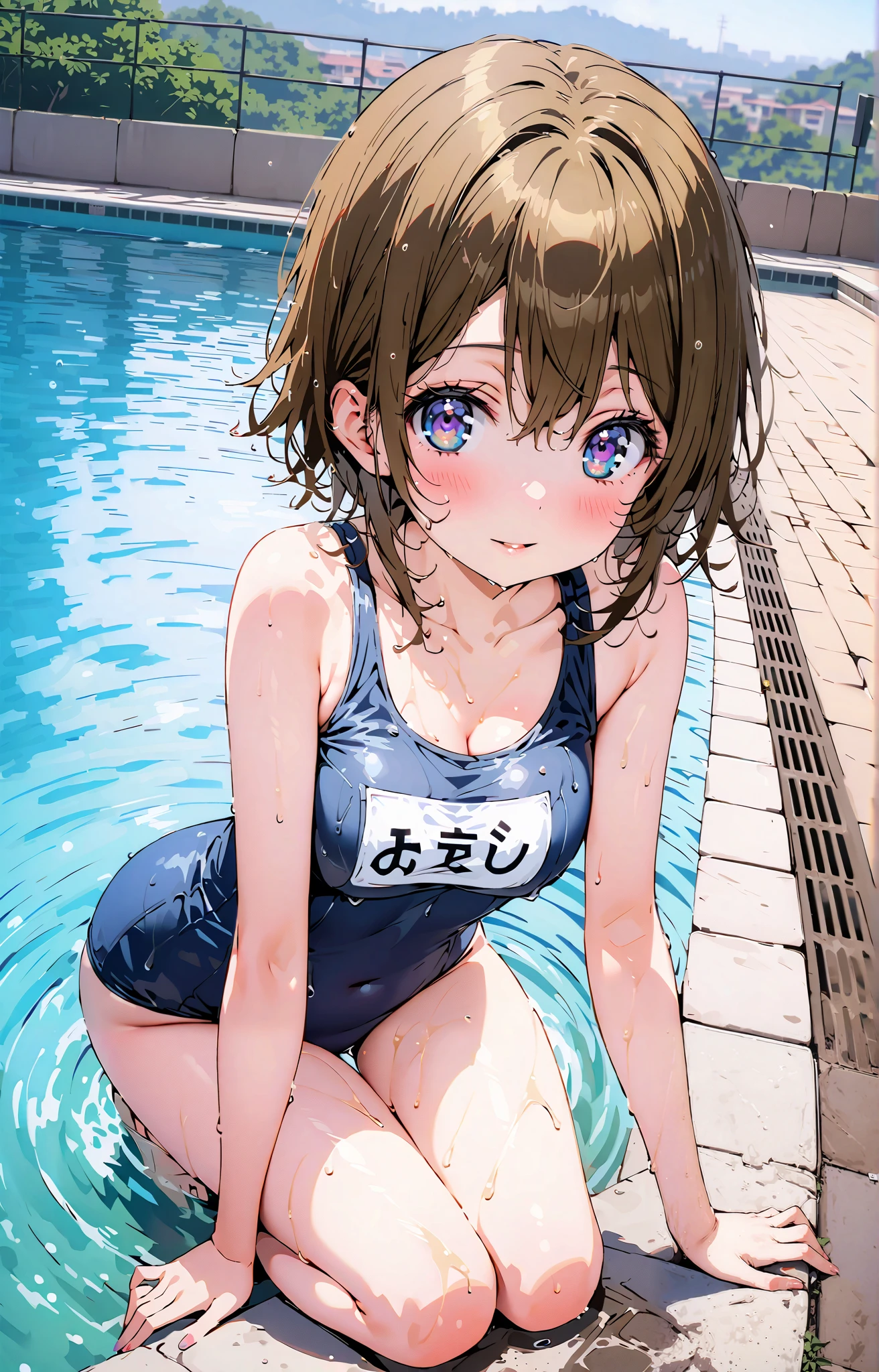 score_9, score_8_up, score_7_up, source_anime, Hanayo Koizumi, short hair, brown hair, purple eyes,smile,blushes,open their mouths,old school swimsuit, school swimsuit, blue one-piece swimsuit, one-piece swimsuit, name tag, swimsuit, Belly button cover, wet swimsuit, collarbone,, poolside, pool, Splash,wet skin,wet hair,Submersion,noon,full bodyがイラストに入るように,break outdoors, 学校 pool,
break looking at viewer,full body,
break (masterpiece:1.2),top quality , kampala, Unity 8K Wallpaper ,(shape:0.8),( fine, beautiful eyes :1.6),It's a person ,full body写真,CG Details , (perfect hands with full nudity,complete anatomy),