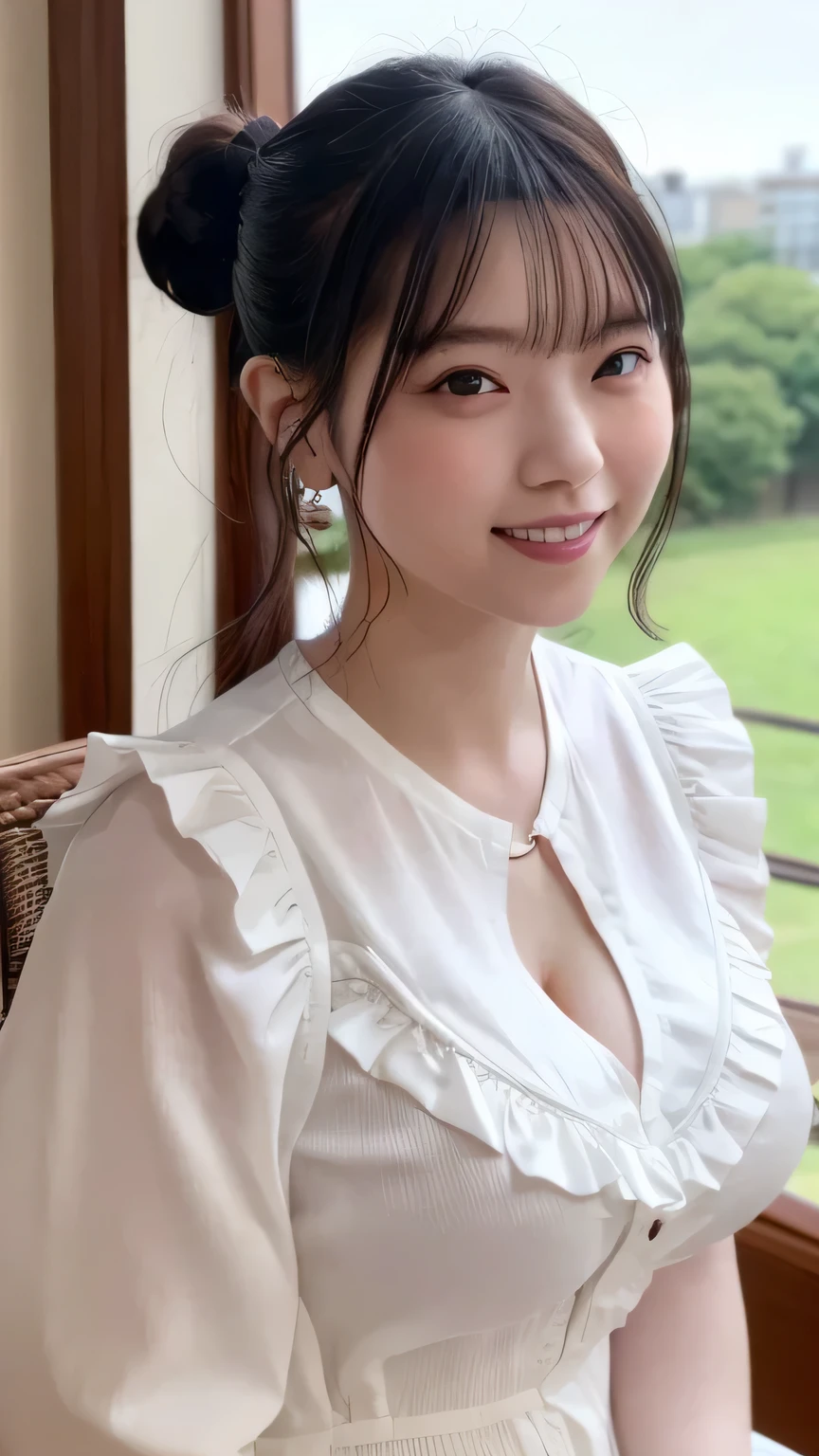 masterpiece、超High resolution、She is so cute and young like an idol.々A beautiful 18-year-old Japanese girl、Gentle and cute、A kind smile　Her job is a maid　She is wearing a Japanese maid outfit、Large Bust　Maid outfit that clearly shows cleavage　I'm showing my　whole body、RAW Photos、Genuine、High resolution、Life、No copyright notice