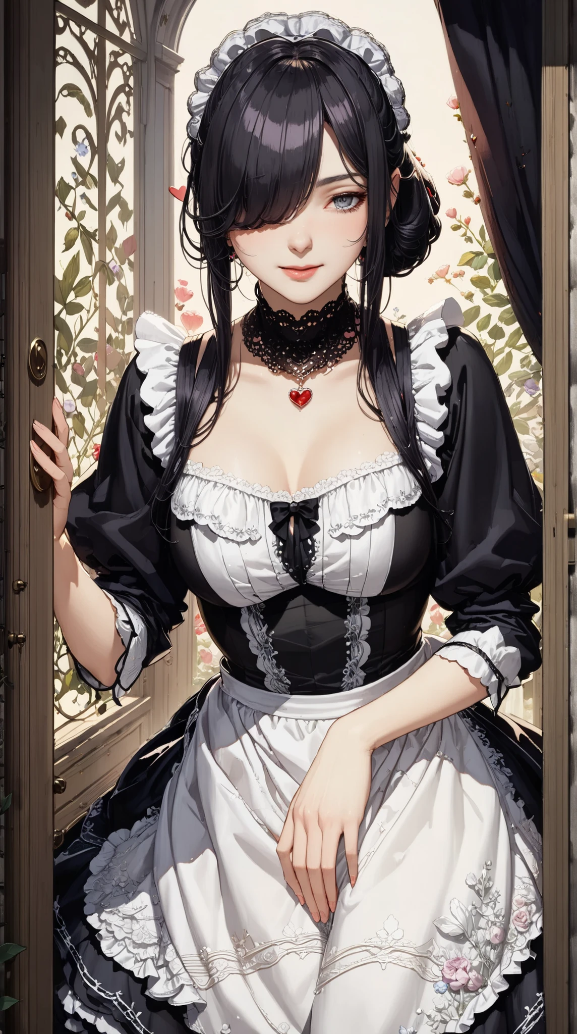 ((short hair, green hair, choker)), beautiful, beautiful woman, perfect body, perfect breasts, ((Wearing a mourning dress with delicate embroidery:1.9, black veil that hides the face:1.6)), ball gown, wood々In the garden of, funeral decorations, looking at the audience, slight smile, realism, masterpiece, rough skin , Super detailed, high detail, high quality, 最high quality, 1080p, 16k