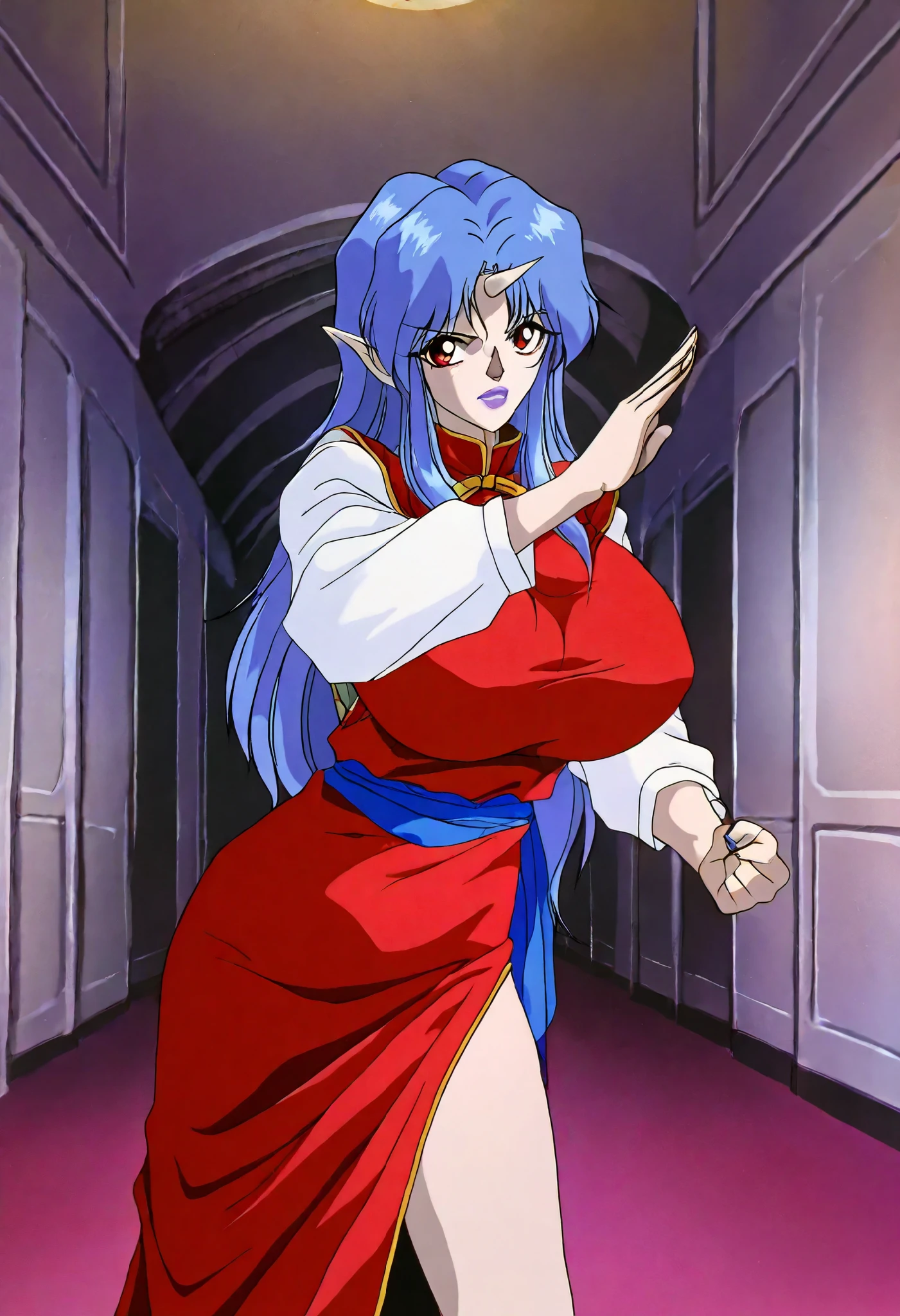 masterpiece, best quality, highres, scenery, newest,retro artstyle,1990s (style), cowboy shot,
1girl, ultra gigantic breasts, solo, looking at viewer, miyuki01, single horn, pointy ears, blue hair, red eyes, lipstick, makeup, long hair, red dress, long sleeves, side slit, purple lips, chinese clothes, standing, fighting pose, fighting stance, corridor, abandoned, narrow, old, shabby, messy,