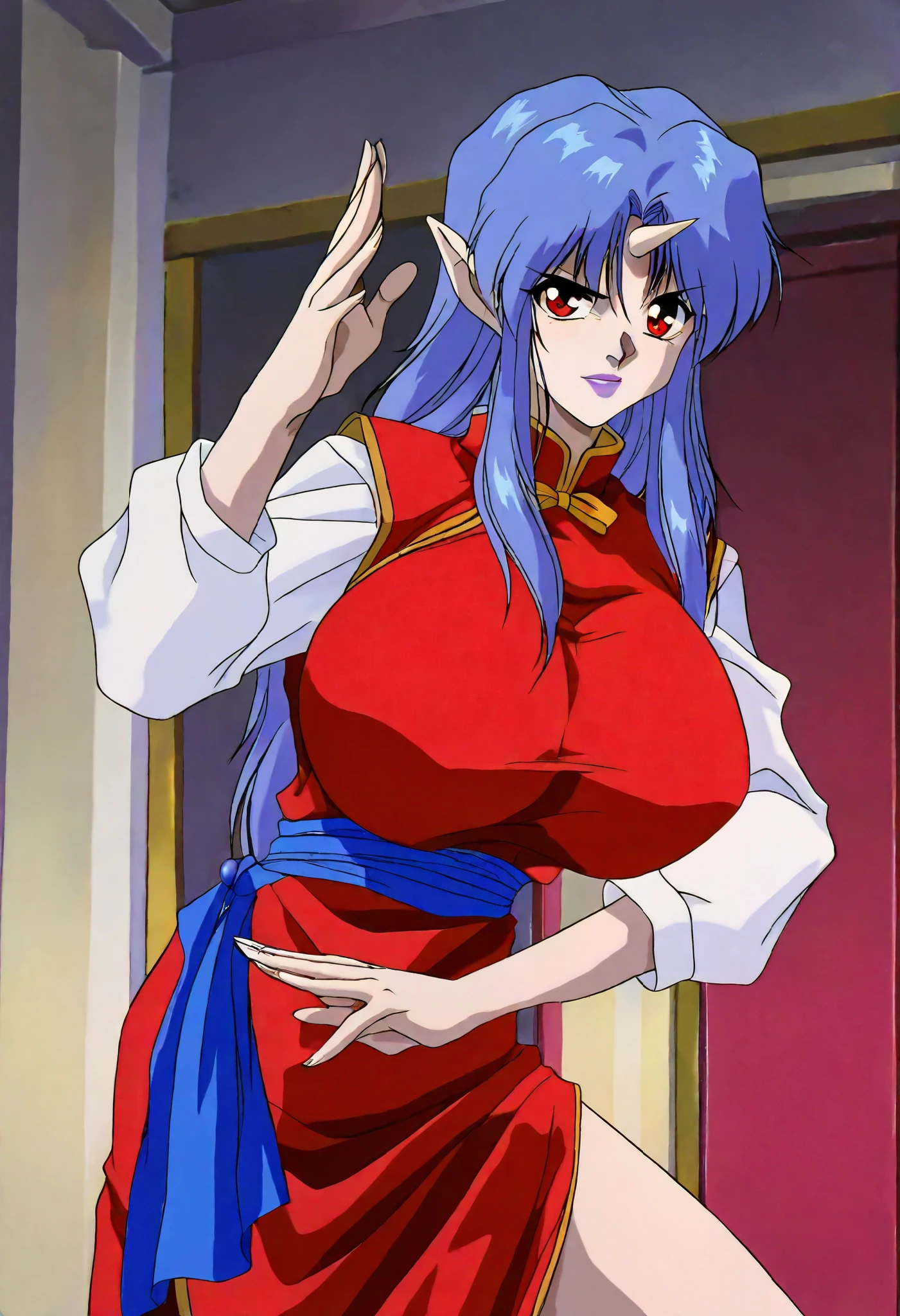masterpiece, best quality, highres, scenery, newest,retro artstyle,1990s (style), cowboy shot,
1girl, ultra gigantic breasts, solo, looking at viewer, miyuki01, single horn, pointy ears, blue hair, red eyes, lipstick, makeup, long hair, red dress, long sleeves, side slit, purple lips, chinese clothes, standing, fighting pose, fighting stance, corridor, abandoned, narrow, old, shabby, messy,