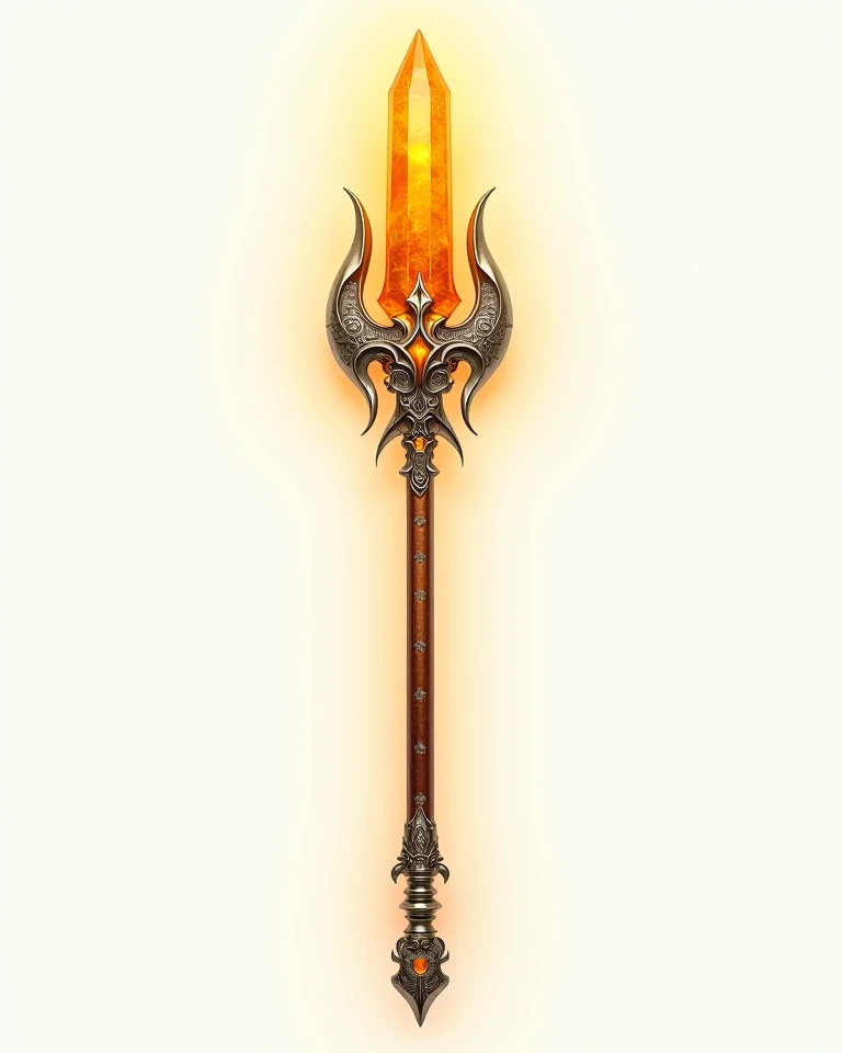 A single Great mystical long Katar weapon for a sun god, made from a giant flaming amber crystal head and shiny platinum with ornate wild carvings and etchings. Viking mythology inspired design. Floating in an aura of celestial light on a transparent white background.