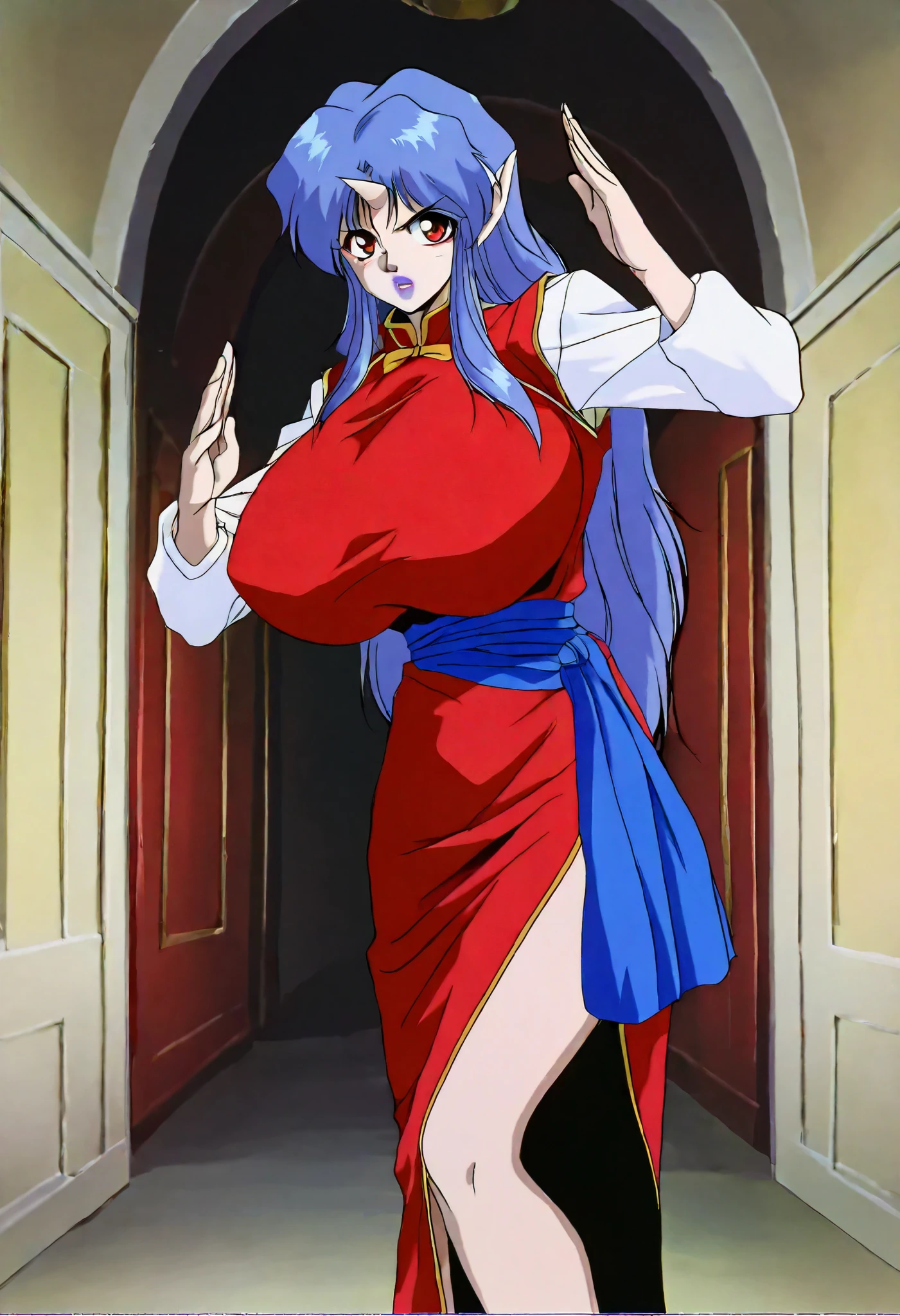 masterpiece, best quality, highres, scenery, newest,retro artstyle,1990s (style), cowboy shot,
1girl, ultra gigantic breasts, solo, looking at viewer, miyuki01, single horn, pointy ears, blue hair, red eyes, lipstick, makeup, long hair, red dress, long sleeves, side slit, purple lips, chinese clothes, standing, fighting pose, fighting stance, corridor, abandoned, narrow, old, shabby, messy,