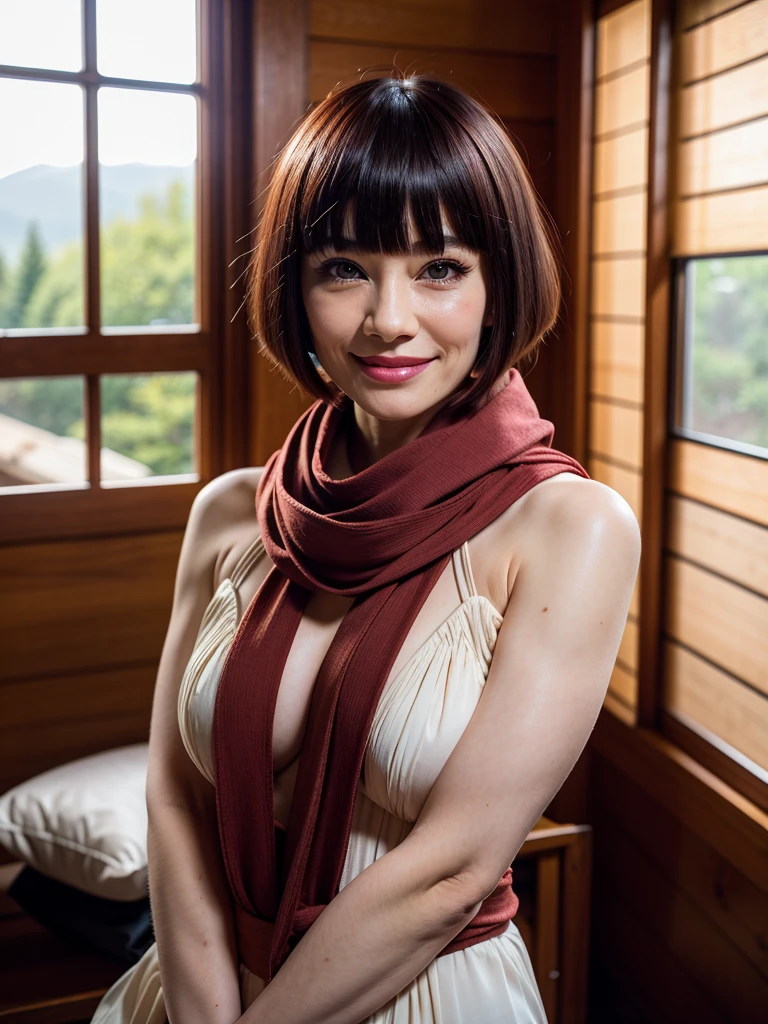 highest quality, masterpiece, High resolution, Photoreal, Raw photo, 8k wallpaper, Flawless, professional lighting, very detailed, Depth of the bounds written, ((one beautiful woman)), 40 years old, sexy woman, ((White and red floral knit dress)), Upper body, ((look into the viewer's eyes)), detailed face, beautiful eyes, ((facing the front)), at the park, bangs, well-shaped chest, cleavage, black straight hair, faint lips, cowboy shot, ((arm between legs))