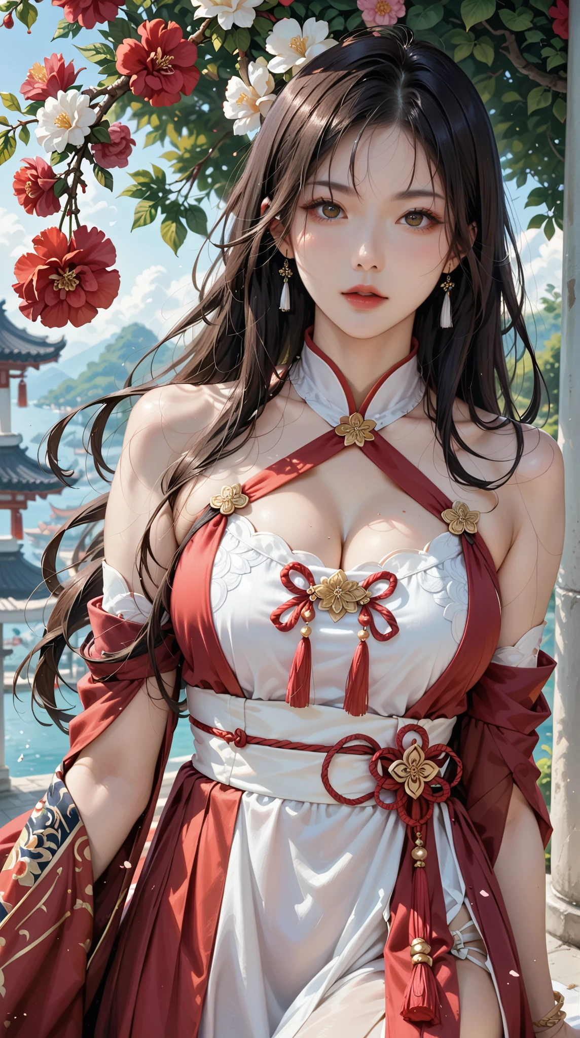 Best quality, official art, very detailed CG unified 8k wallpaper, huge file size, very detailed, high resolution, very detailed, beautiful detailed girl, very detailed eyes and face, beautiful detail eyes, light on face, movie lights, 2 girls, (from below: 1.3), (perspective: 1.2), looking at the audience, full body, full body photo, braids, blowing tide, vaginal ruin, drooling, very huge breasts, open legs, sexual excitement, sexual expression, thinness, high heels, outdoors, Hip width, thick thighs, (Hanfu: 5), , roof, evening, neon in the back, a girl wearing a transparent silk scarf, no clothes, no panties, very huge breasts, sitting on the bed, legs open, arms raised above the head, in a seductive pose,