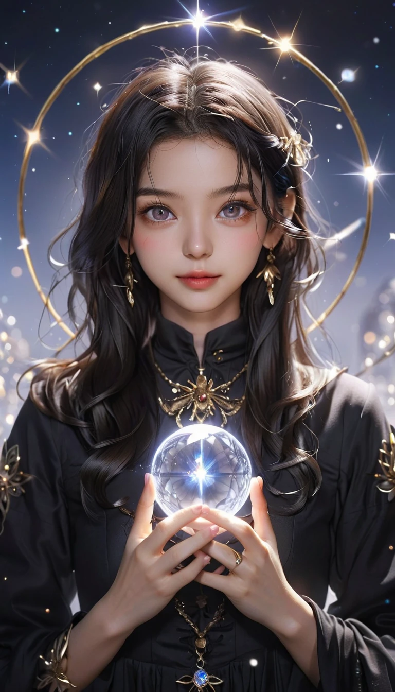 (masterpiece、Highest quality、beautiful:1.2)、(beautifulデジタルアート:1.2)、1 Girl、Round eyes、Shining pupils、Fair face、Strong and weak gaze、Clear skin、Fair Hand、Agnes Cecil Style、Mysterious and enchanting atmosphere、Ingredients to mix、Intertwined material、Best Abstract Art、Surreal、A chaos of overlapping bright and transparent holographic colors、Fine star scattering、(Thick and unstable strokes:1.2)、Spectacular galactic background