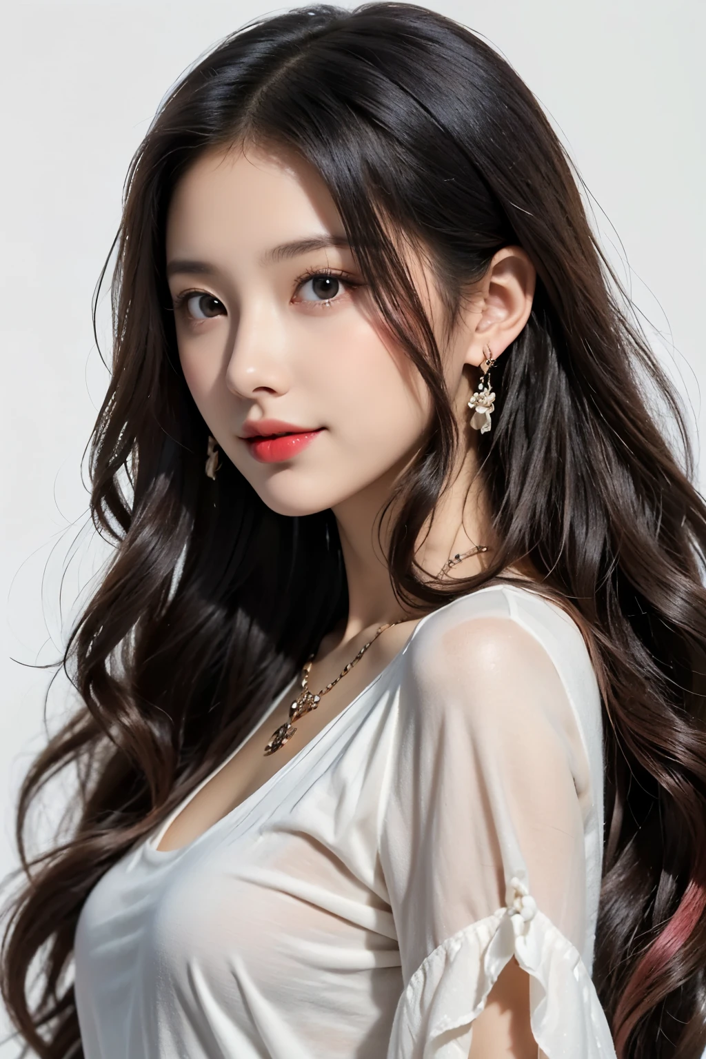 ((top quality)), ((masterpiece)), (be familiar with), Perfect face female, woman, hopeful, smiling, looking at viewer, long hair, wave hair, black hair, red eyes, eyes open, big eyes, pale skin, fair skin, shiny skin, detailed skin, detailed face, tall, slim, t-shirt, piercing, necklace, delicate facial features, 20-year-old, white background, beautiful, light atmosphere, headshot, from front, high brightness colors, highly saturated colors, beautiful, high quality, photorealistic, anime, 3D rendering, main artwork, voluptuous,ultra detailed, beautiful, woman, happy, blissful, hopeful, intelligent, smiling, looking at viewer, looking ahead, front view, long hair, wavy hair, shiny hair, black hair, pink hair, red eyes, purple eyes, eyes open, big eyes, wide-eyed, pale skin, fair skin, shiny skin, detailed face, detailed skin, pale skin, slim, slender, voluptuous, piercing, earrings, delicate facial features, japanese idol, 20-year-old, young adult, Age, adult, white background, gray background, flat background, beautiful, cute, light atmosphere, anime, main artwork, icon, soft-edged, 2000s, headshot, from front, front view, full.face, dark red eye, Blak hair , real, close up