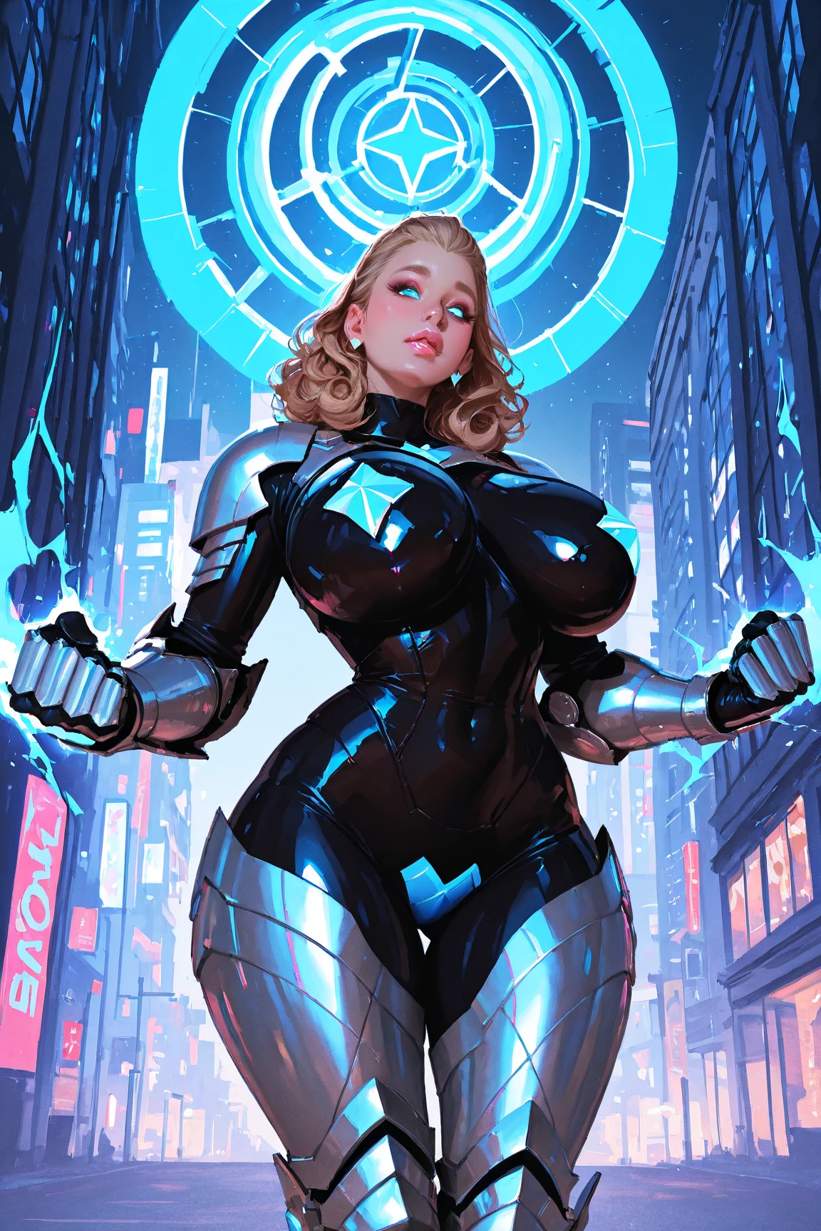 ((oil painting:1.3))((Cowboy shot:1.4)) 1 Same Girl , Perfect Beautiful , robot Face ,(chrome skin:1.1), (silver arms, silver face, silver legs) ((android woman)),( metallic android , long Hair , Black Gothic Dress , Athletic Body , ((gigantic breasts:1.5)) ((metallic legs:1.2)), Extreme Detailed Portrait With Bokeh Effect , Realistic Lighting , Night Street View , Dark Vibe , Crowd , Gothic Makeup , Posing Like a Model , Look at Viewer, cool lighting, blue street lamp light((moonlight ambiance light:1.0))