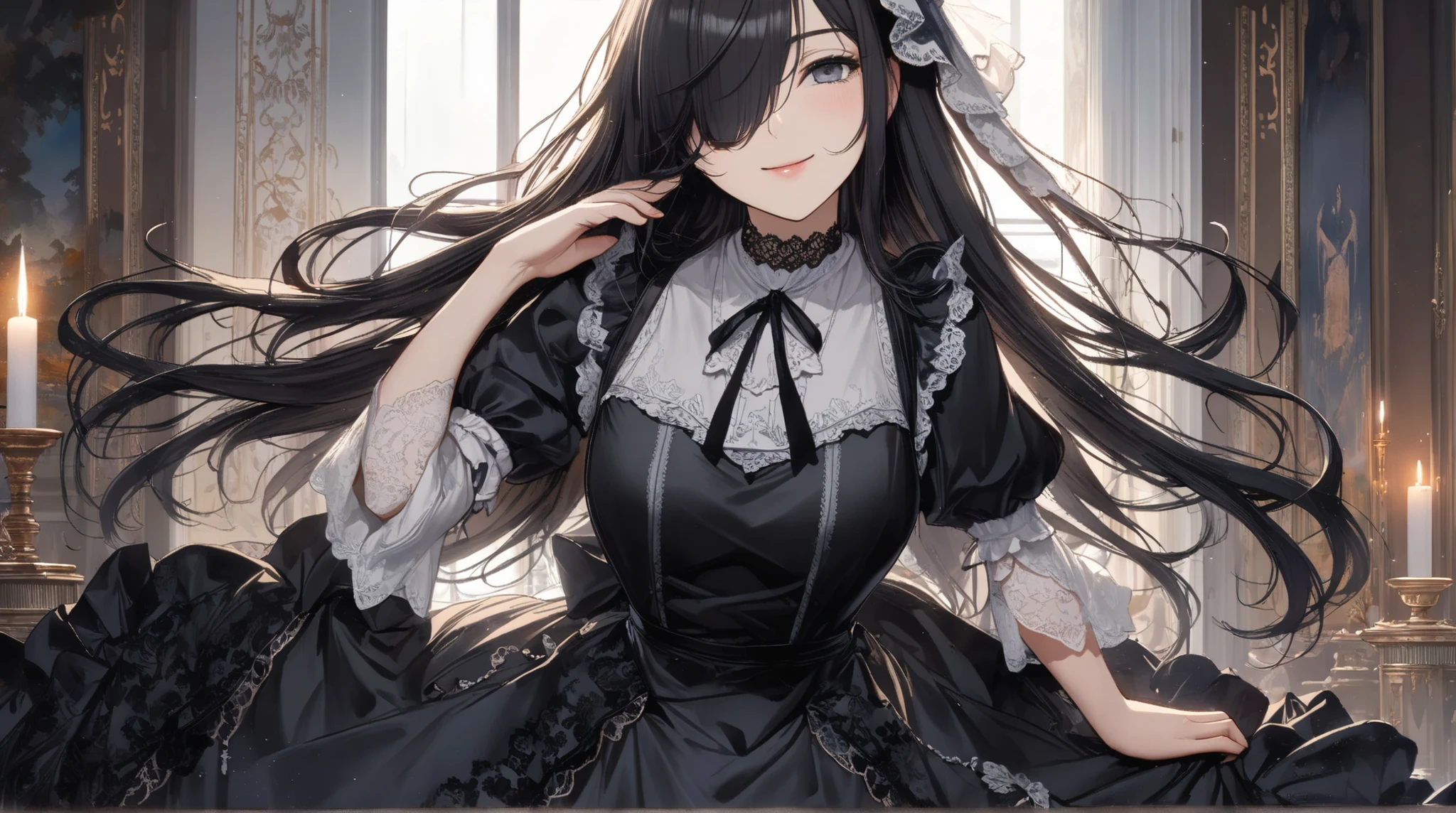 ((highest quality)),(ultra high resolution),(Super detailed),(detailed description),((best CG)),(best work of art),super precision art,great drawing art,(Art with precise details:1.5), (1 woman:1.5),maid:1.5,Beautiful face 1.5,natural makeup:1.6,full of confidence々the smile of:1.4,(long black hair with luster:1.4,ponytail:1.4),(非常に緻密で詳細に描写されたmaid服:1.6,Absolute area:1.4), luxurious interior:1.6