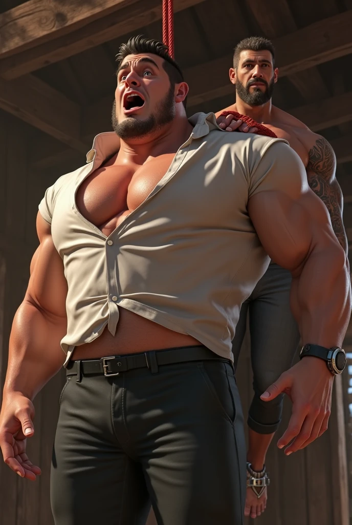 ,, handsome muscular shirtless brown bearded hairy man laughing hands behind back tied in hogtie position on top of a fallen log, wearing suspenders and a jeans, tickled ribs, feet tickling by hands forest background,, ribs tickling,