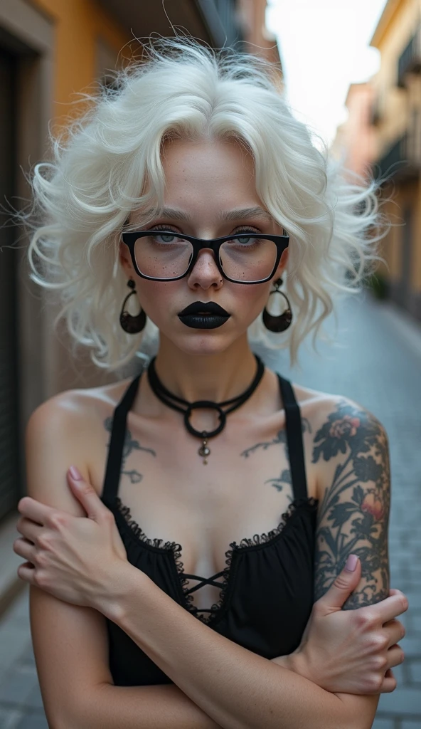 emo nude girl, white hair, circular glasses, punk tattoos