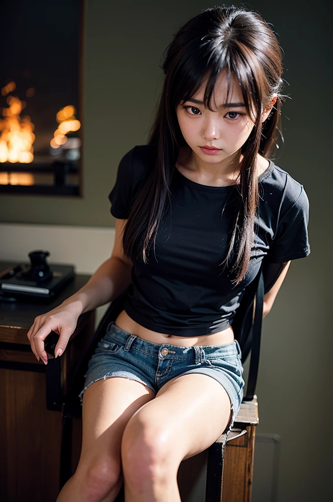 1girl, downblouse, 15yo, munechira, small breasts, small chest, looking away, leaning forward, expressionless, loose casual t shirt plus bra within, desk, school,