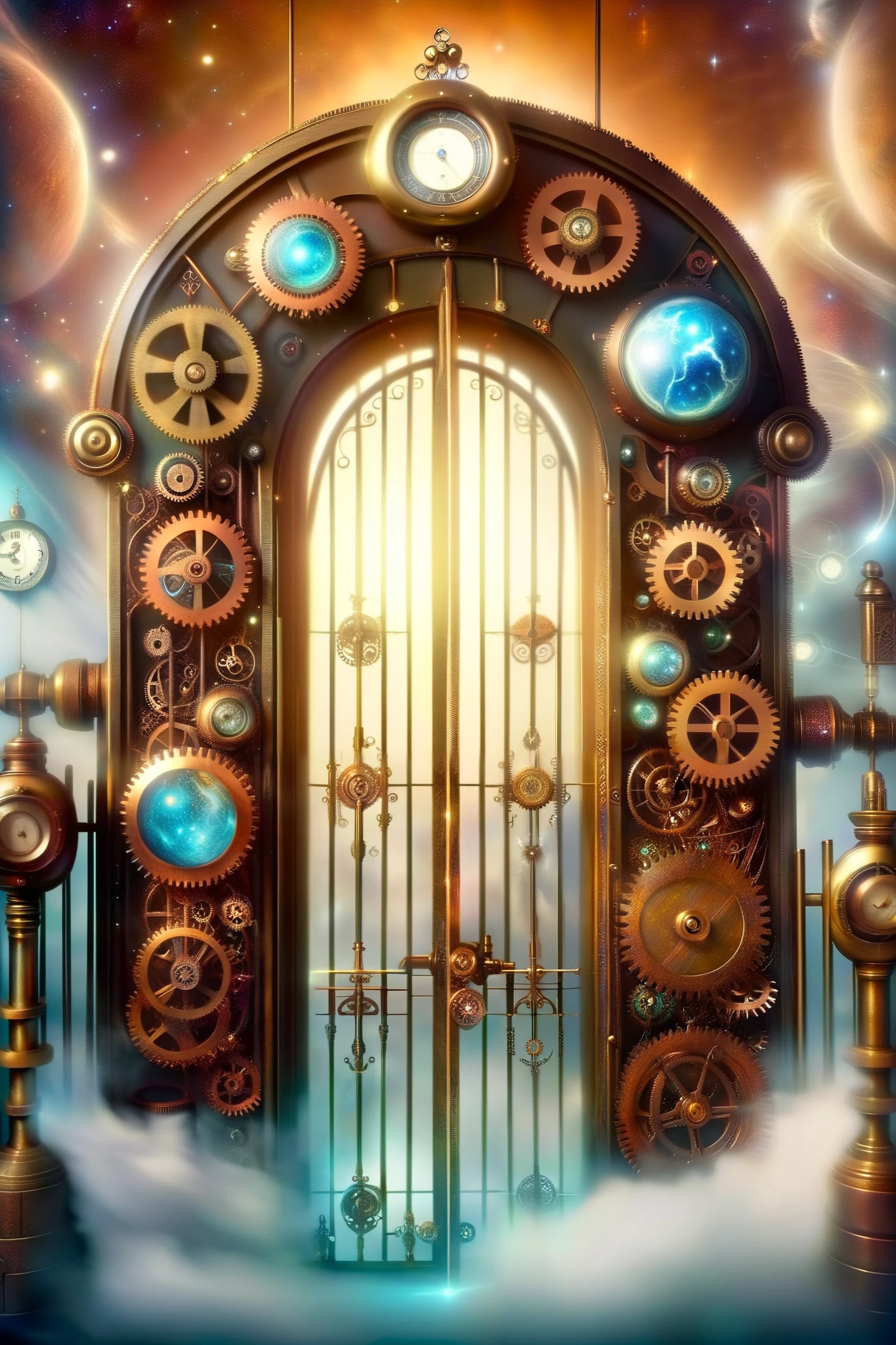 ( Steampunk gate ), The Forgotten Gates of Time and Space , consisting of many complex , vintage gears , celestial sphere , copper glitter , ornate gears , sky, fog, cloud, decorated with fine filigree , Clubs of steam rise from celestial cars., ethereal atmosphere, ultra-realistic illustration, Masterpiece, best quality