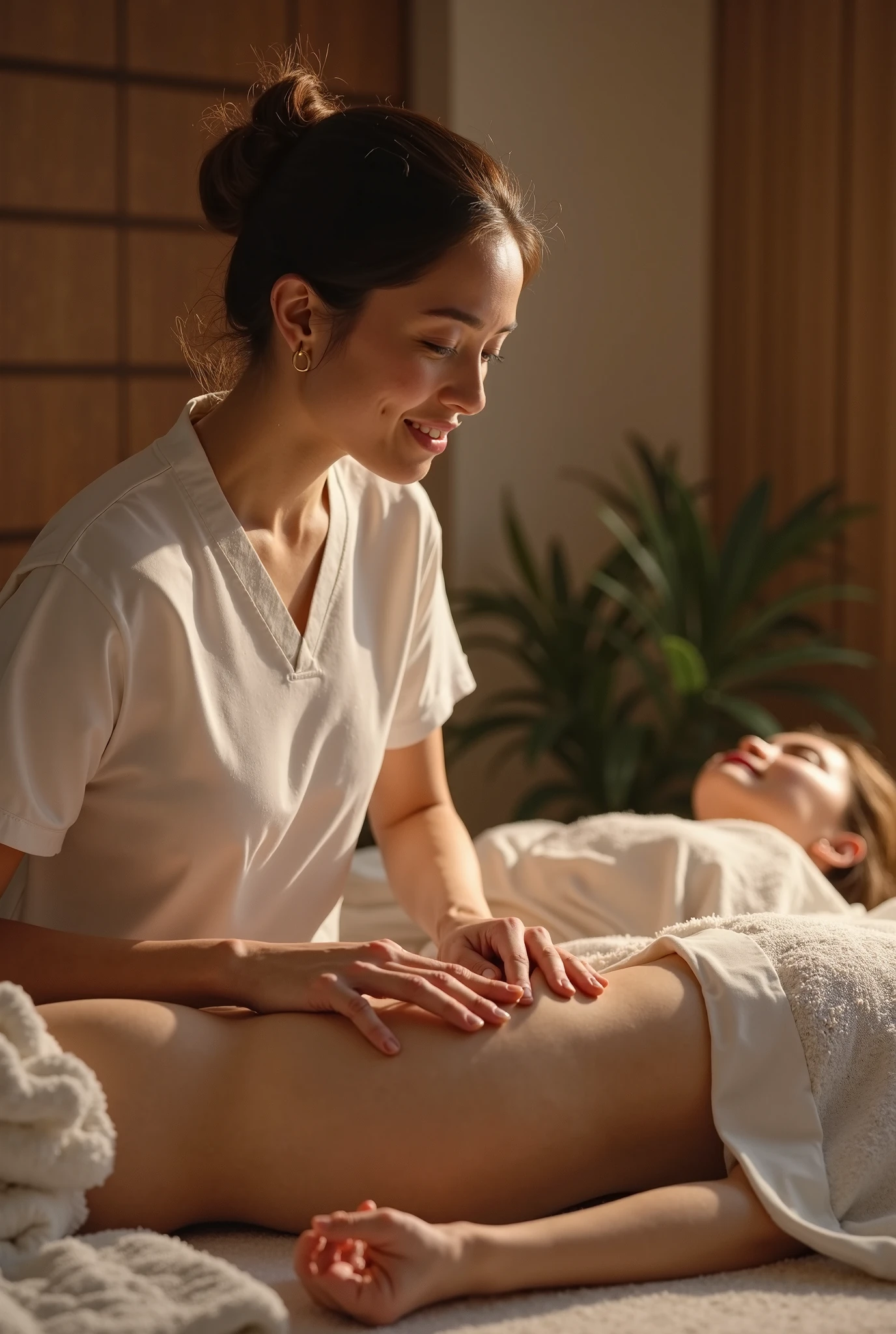 a beautiful Indonesian woman wearing a hijab, slim, 32 years old, wearing a robe with buttons open, bra visible, is massaging a 14 year old teenage boy on a bed, in a room with wooden plank walls, at night