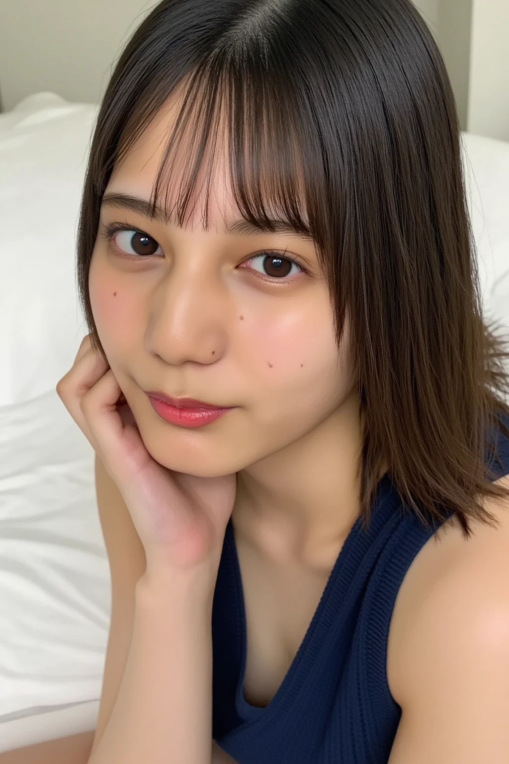 (Highest quality、High resolution、8k、masterpiece:1.55、Film Grain)、((Full body photography:1.0))、Japanese women、A woman with a cute upward gaze、Tank top with loose chest、Full body photography:1.33、Stylish clothes that show off your body lines and look great on Instagram、No underwear:1.88、Light brown hair、cute、Lens flare、((Nice style))、Highly detailed photos、Very beautiful and ideal、Super no makeup、(8k、RAW Photos、Highest quality、masterpiece:1.2)、(Realistic)、1 girl、((Looking into the camera:1.4))、Hair blowing in the wind
