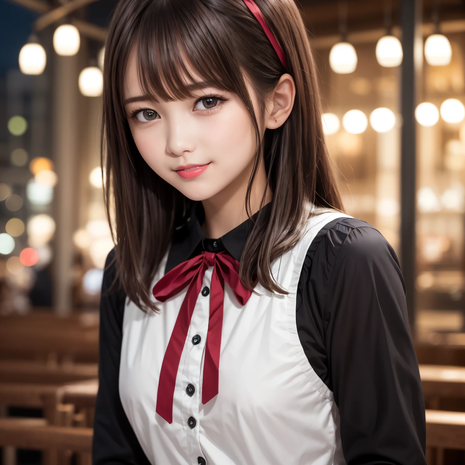 (Very exquisite and beautiful: 1.2), 1 girl, bangs, blurry background, ribbon, black hair, facing forward, hair between eyes, droopy eyes, hair ribbon, light particles, long sleeves, looking at the audience, medium-length hair, night, red ribbon, upper body, smiling, red lips