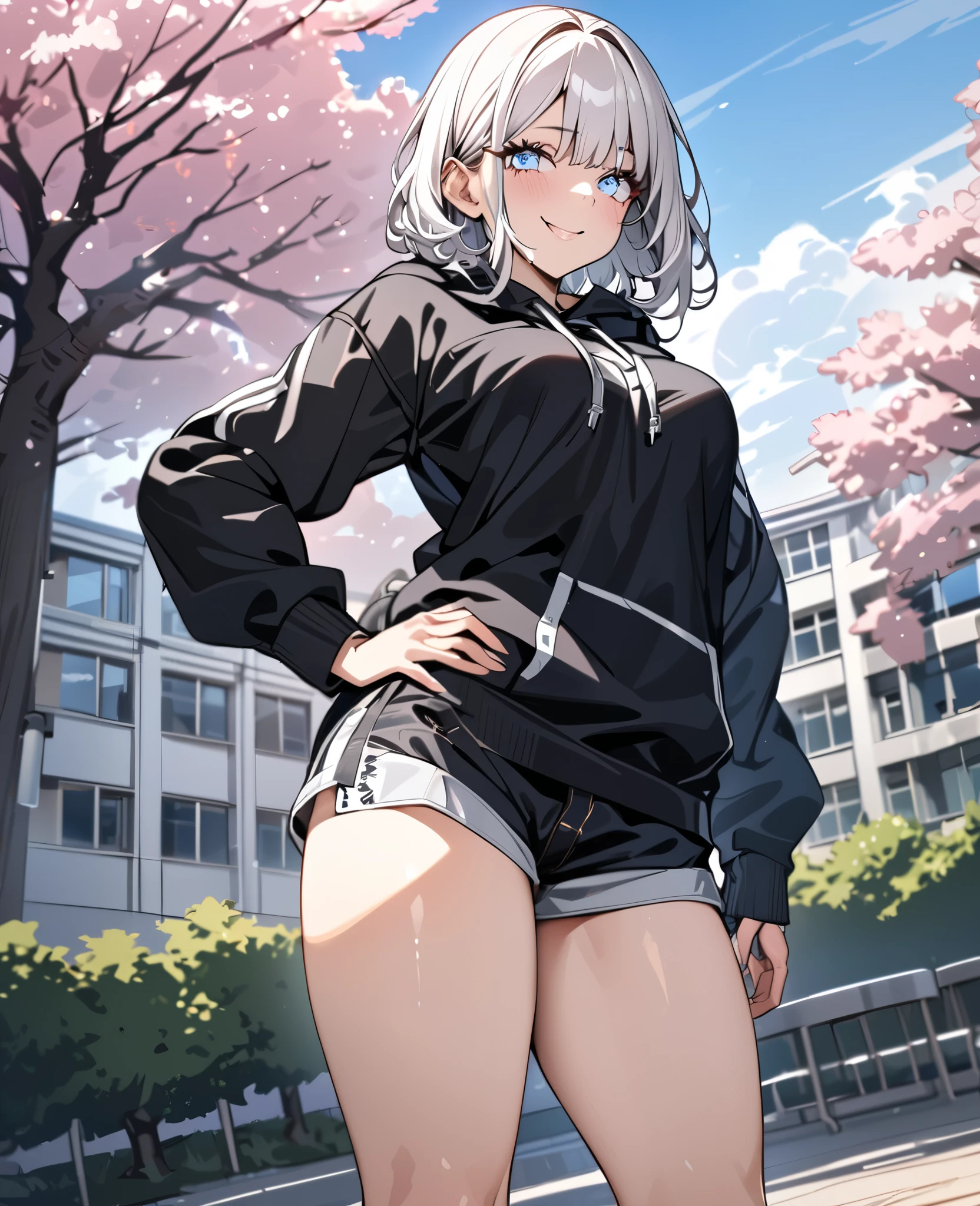 Best quality, 8k, master piece, masterpiece, best quality, ultradetailed, beautiful detailed eyes, beautiful detailed lighting, 1girl, solo, bob cut white hair, tomboy, athletic build, casual streetwear, black hoodie, short pants, sneakers, standing pose, cute face, school background, university campus, detailed face, clear eyes, age 20, street fashion, innocent smile, medium thighs, school buildings in background, cherry blossom trees, campus atmosphere