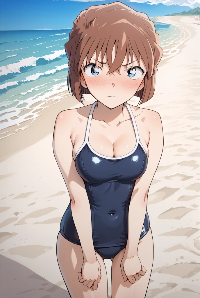 1girl, solo, watanabe you, school swimsuit, blue eyes, medium breasts,short hair, one-piece swimsuit, beach,looking at viewer, arms behind back,get wet,pussy,blue eyes,highleg swimsuit,grey hair,blush,open mouth