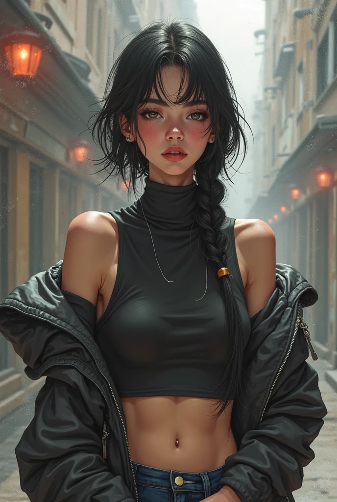 Amazing portrait of a woman who is 30 years old and an adult and a sexy and woman with a beautiful face with seductive eyes gazing intensely at me with her soft lips parted in anticipation of a kiss which is making her blush intensely her lips are also curved in a soft smile she has her luscious black hair in a cute bun wearing a black and white striped t shirt and a dark green skirt paired with some elegant earrings her t shirt showing her medium chest and perfect body off during night time with soft lighting showcasing her red lips and her beautiful face in detail and close up
