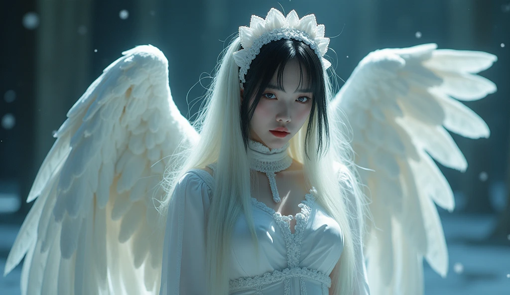 （8K，Best picture quality：1.2），（tmasterpiece：1.37），（photore，realisticlying：1.37），（超高分辨率），realisticlying，photographed，Look at the audience，((Beautiful facial features))，Glowing eyes，A half body，Lolita costume，huge tit，Slim body，(the angel's wings)，undergarments，belly-bar，Korea（High quality background inside ruined church empty at night) , (high detal) , 电影灯光，Clear eyes，Clear nose，Clear lips